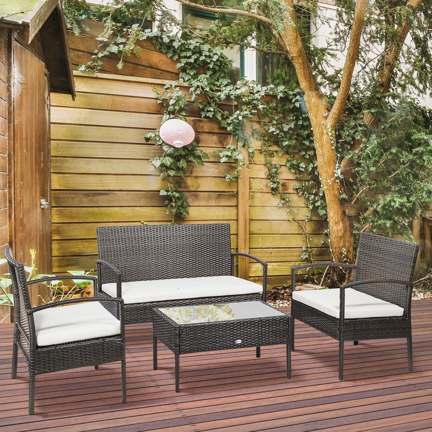 Brown PE Rattan 4-Piece Patio Set: Loveseat, Armchairs, Coffee Table, Cream Cushions Patio Furniture Sets   at Gallery Canada