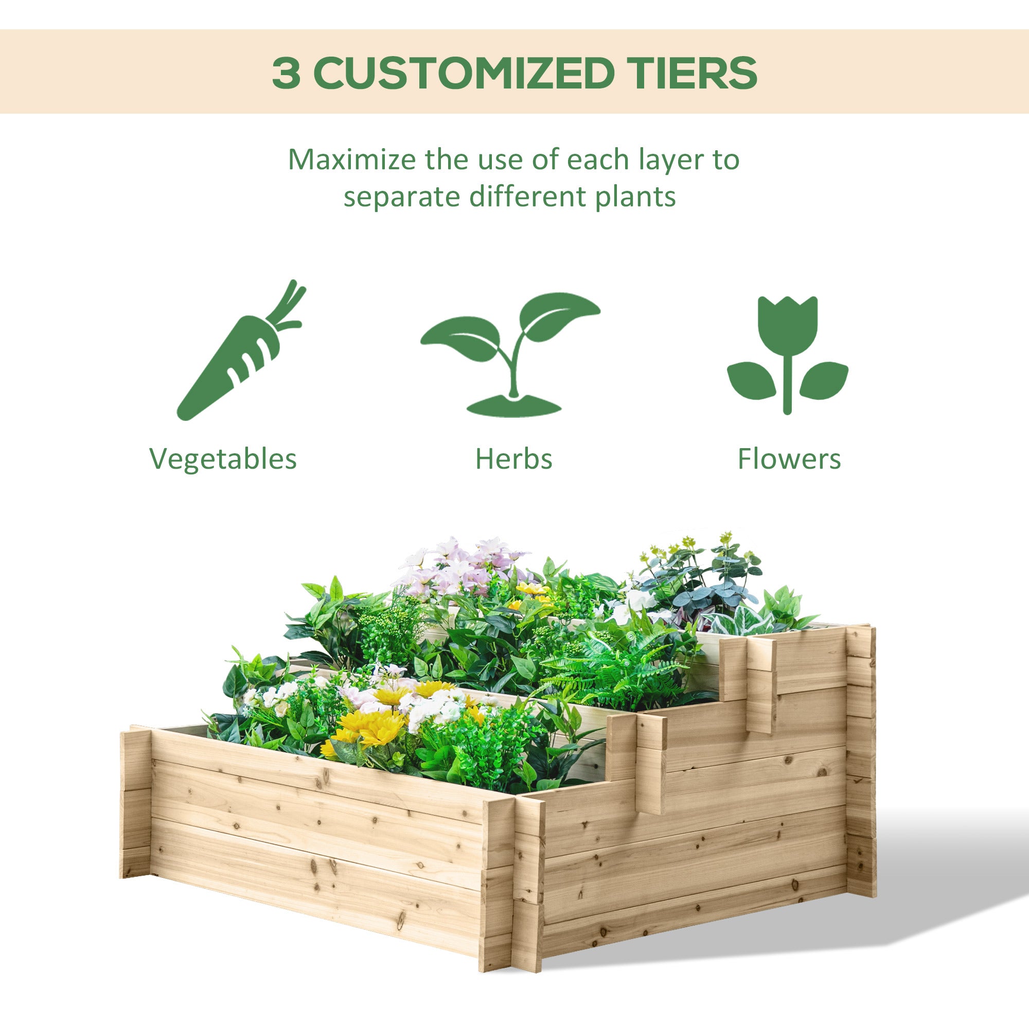 3-Tier Wood Raised Garden Bed, Elevated Planting Box, Outdoor Vegetable Flower Container, Herb Garden Indoor Kit, Natural Wooden Planter Boxes   at Gallery Canada