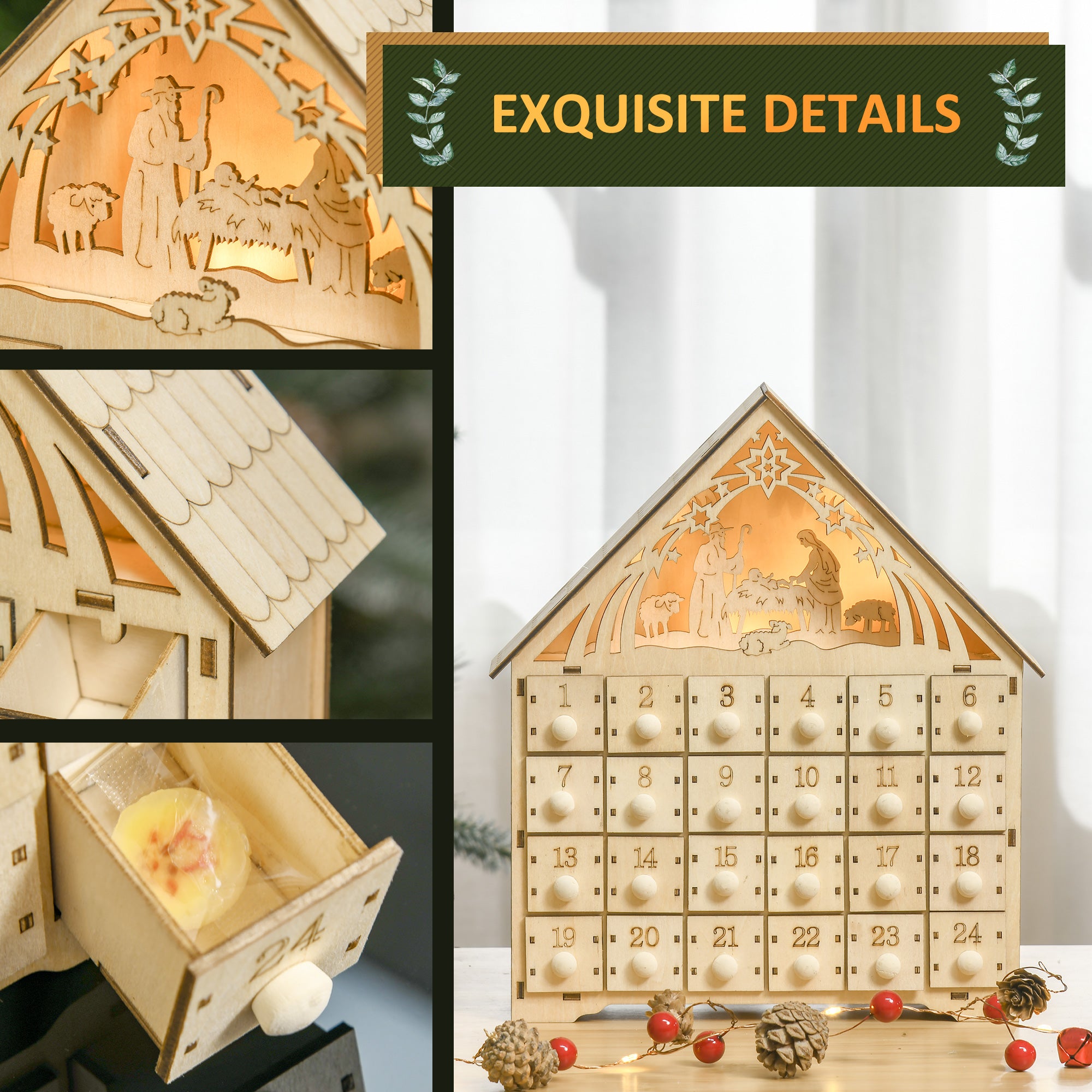 Lighted Wooden Advent Calendar House with 24 Countdown Drawers, Battery Operated, Natural Christmas Advent Calendars   at Gallery Canada