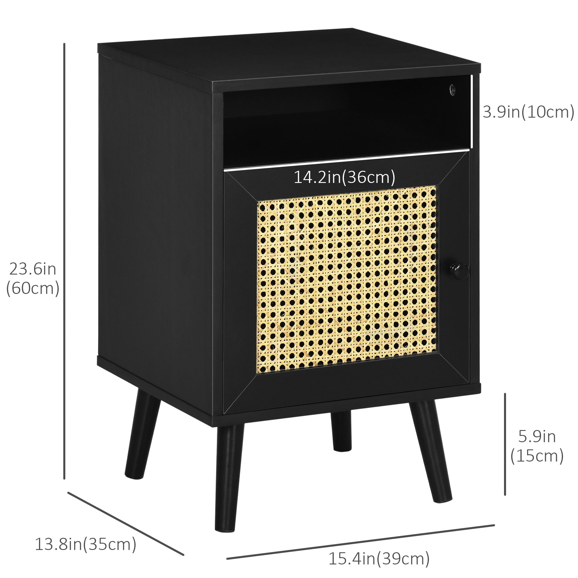 Bedside Table with Rattan Element, Side End Table with Shelf and Cupboard, 15.4