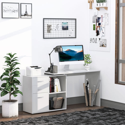L-Shaped Desk, Computer Corner Desk with Storage Shelf, Drawer, PC Table Home Office Workstation, White