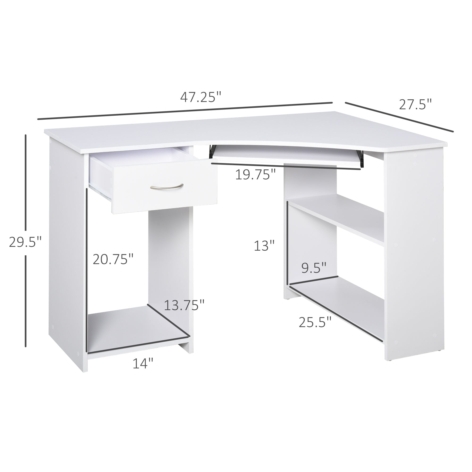 L-Shaped Desk with Keyboard Tray, Computer Corner Desk for Small Space with Shelves, Drawer, CPU Stand, Home Office Writing Table, White Computer Desks White  at Gallery Canada