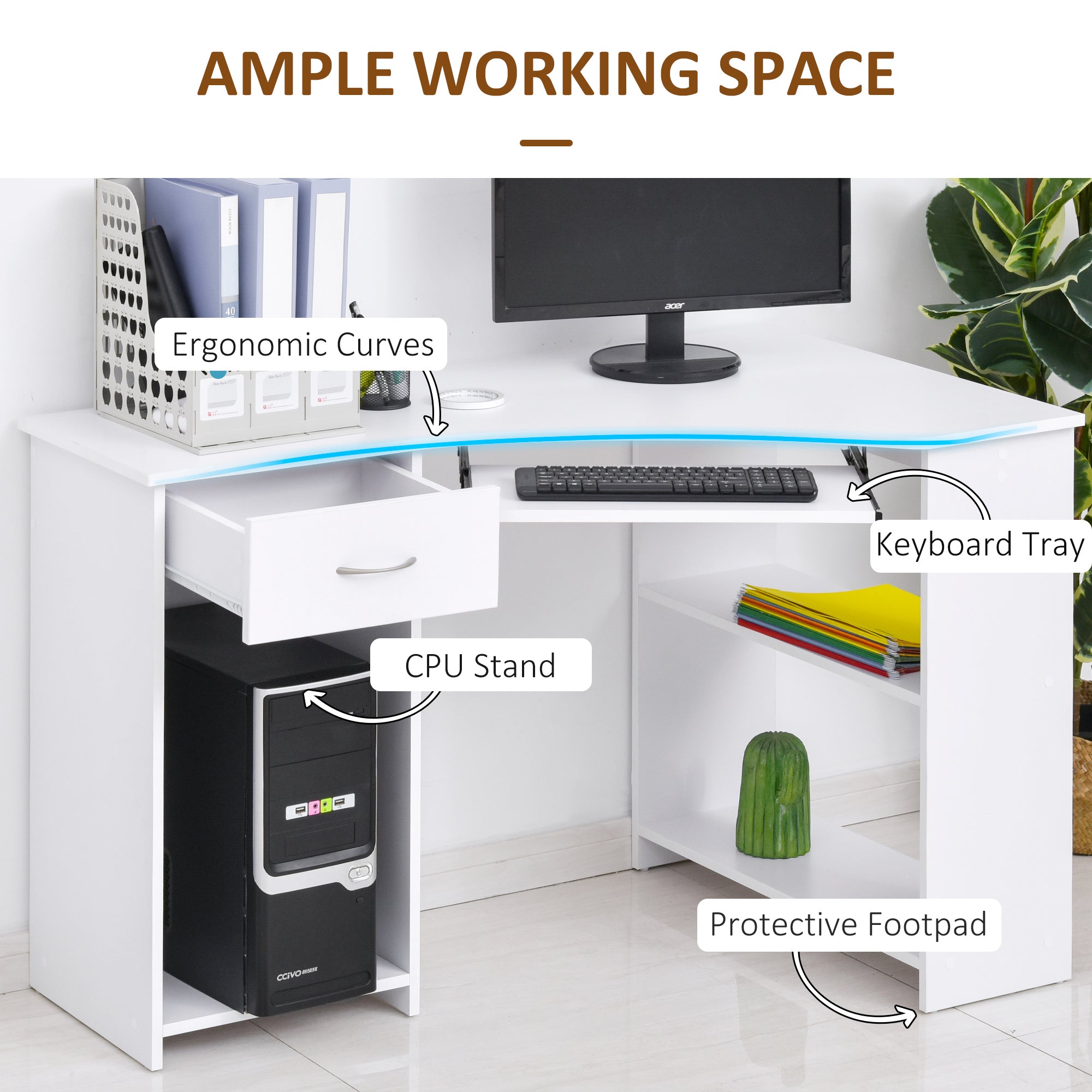 L-Shaped Desk with Keyboard Tray, Computer Corner Desk for Small Space with Shelves, Drawer, CPU Stand, Home Office Writing Table, White Computer Desks   at Gallery Canada