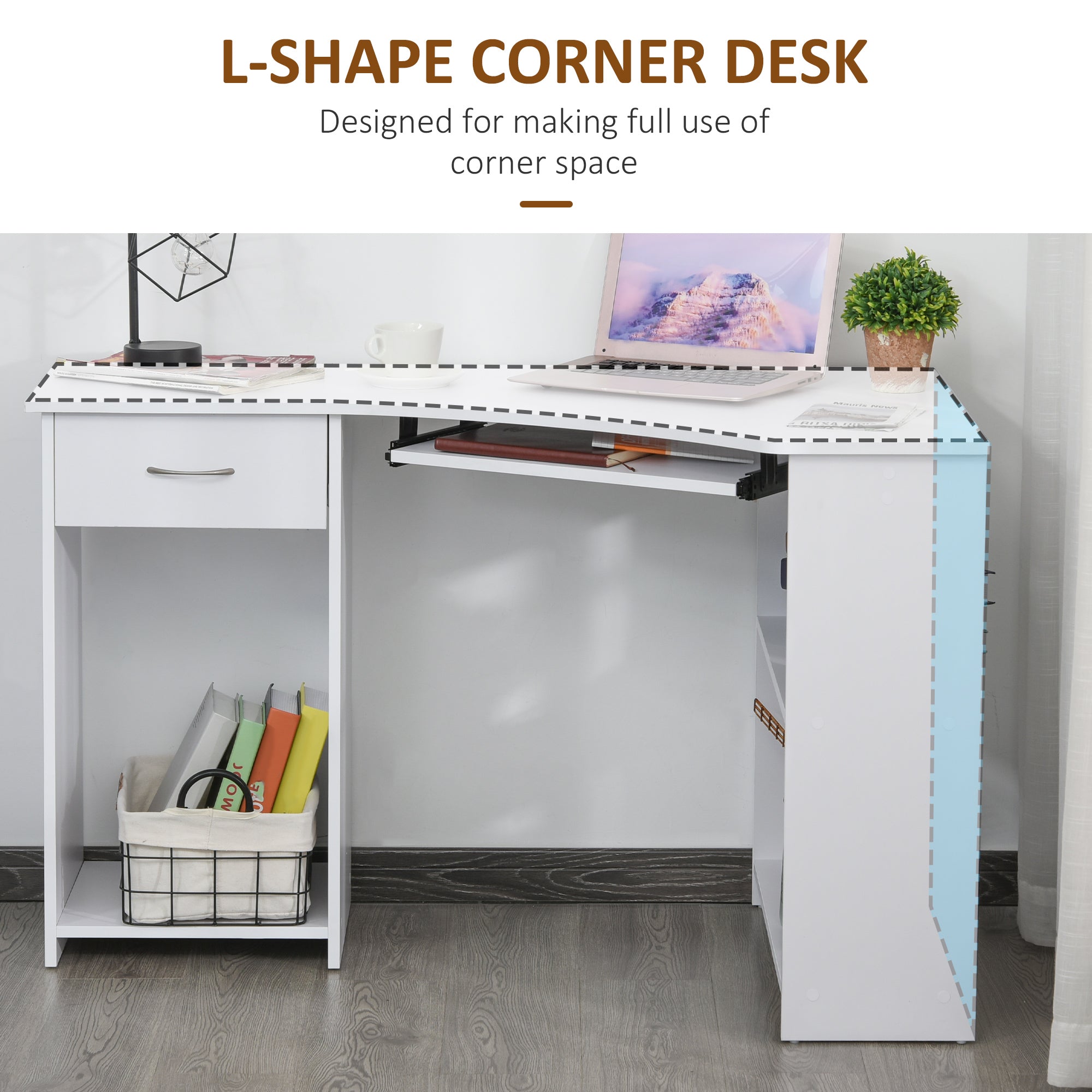 L-Shaped Desk with Keyboard Tray, Computer Corner Desk for Small Space with Shelves, Drawer, CPU Stand, Home Office Writing Table, White Computer Desks   at Gallery Canada