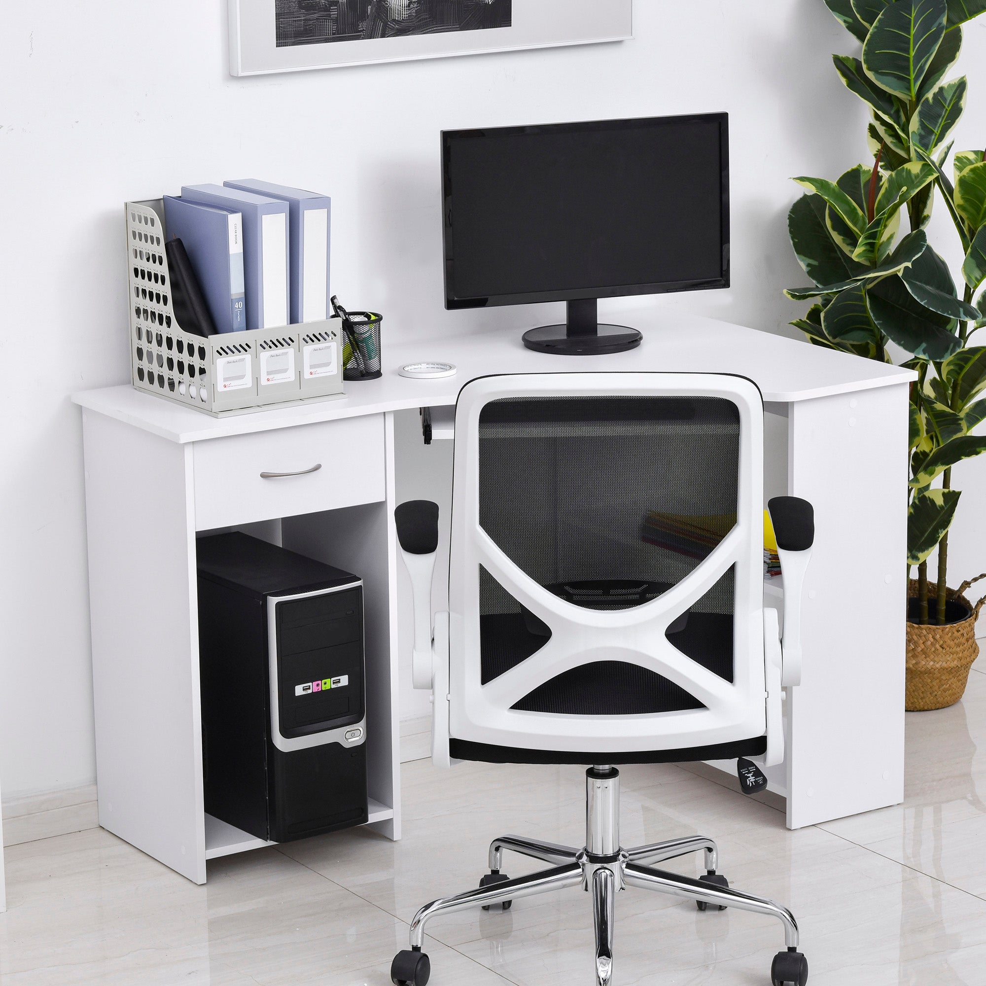 L-Shaped Desk with Keyboard Tray, Computer Corner Desk for Small Space with Shelves, Drawer, CPU Stand, Home Office Writing Table, White Computer Desks   at Gallery Canada