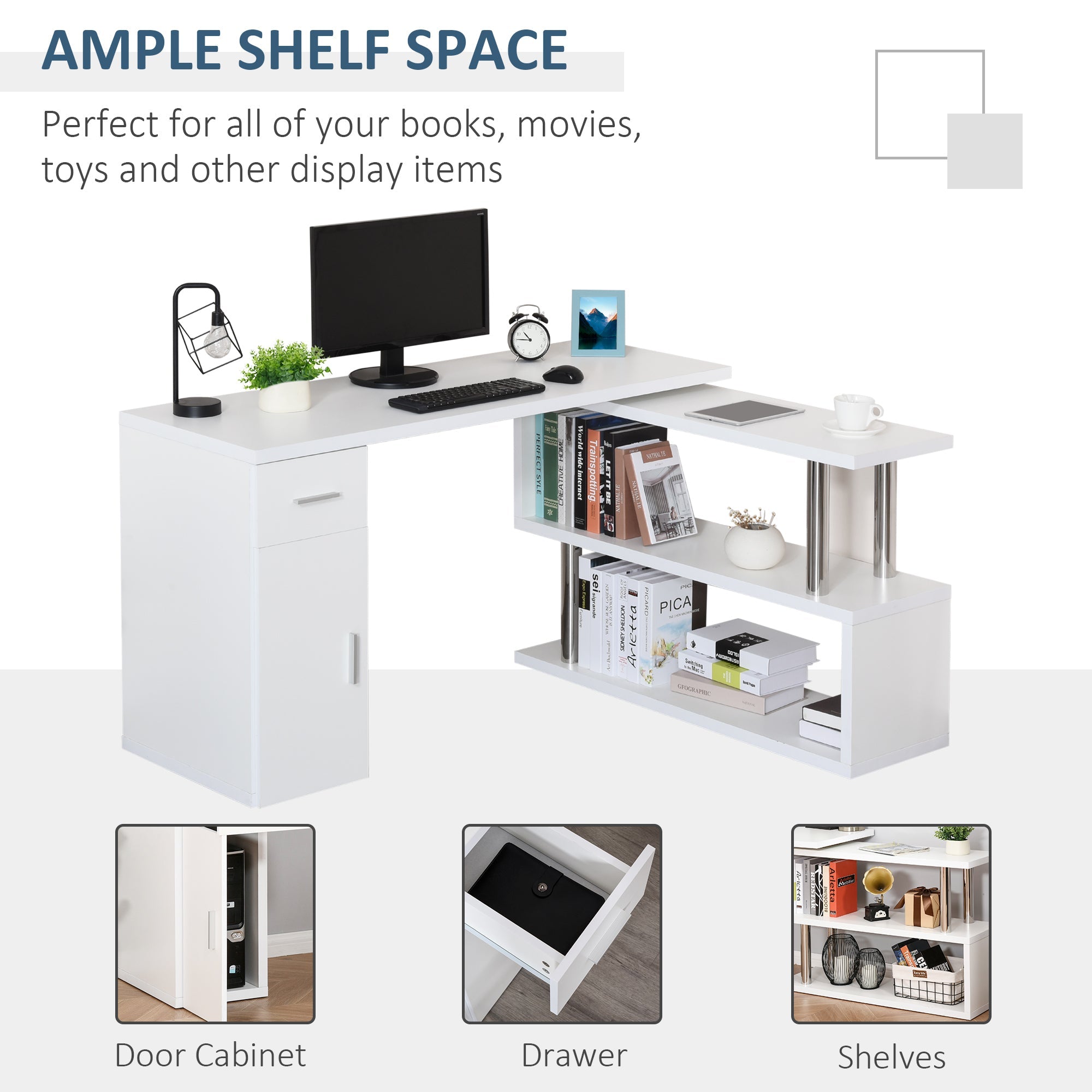 L-Shaped Rotating Computer Desk Home Office Study Workstation with Storage Shelves, Cabinet and Drawer for Home &; Office, White Writing Desks   at Gallery Canada