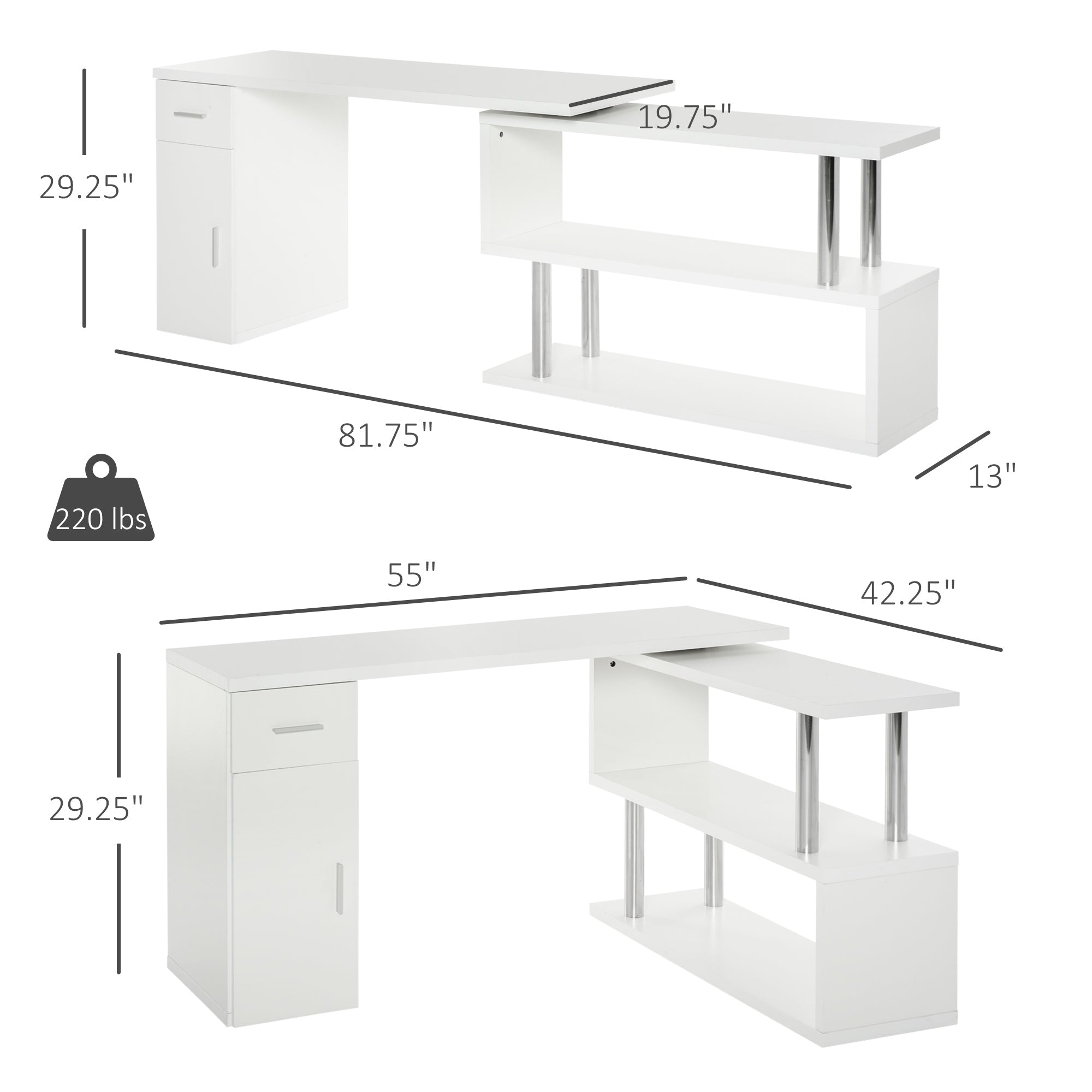 L-Shaped Rotating Computer Desk Home Office Study Workstation with Storage Shelves, Cabinet and Drawer for Home &; Office, White Writing Desks   at Gallery Canada