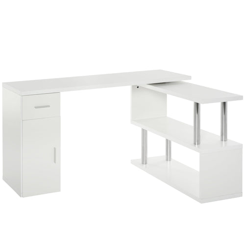 L-Shaped Rotating Computer Desk Home Office Study Workstation with Storage Shelves, Cabinet and Drawer for Home &; Office, White