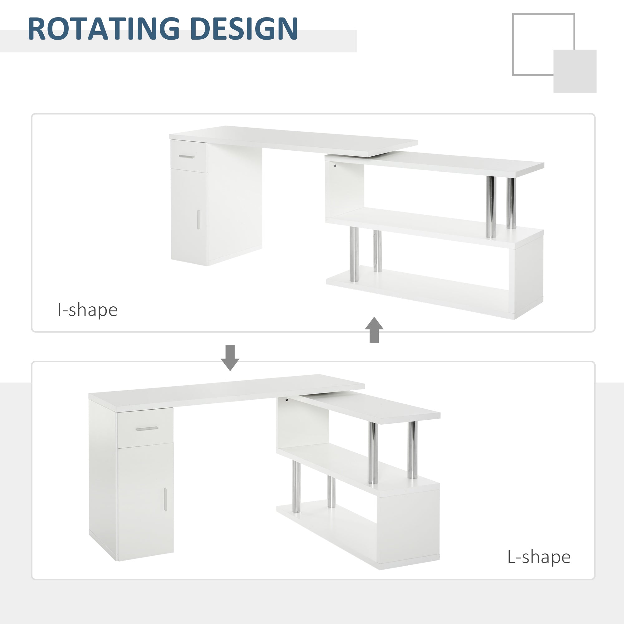 L-Shaped Rotating Computer Desk Home Office Study Workstation with Storage Shelves, Cabinet and Drawer for Home &; Office, White Writing Desks   at Gallery Canada