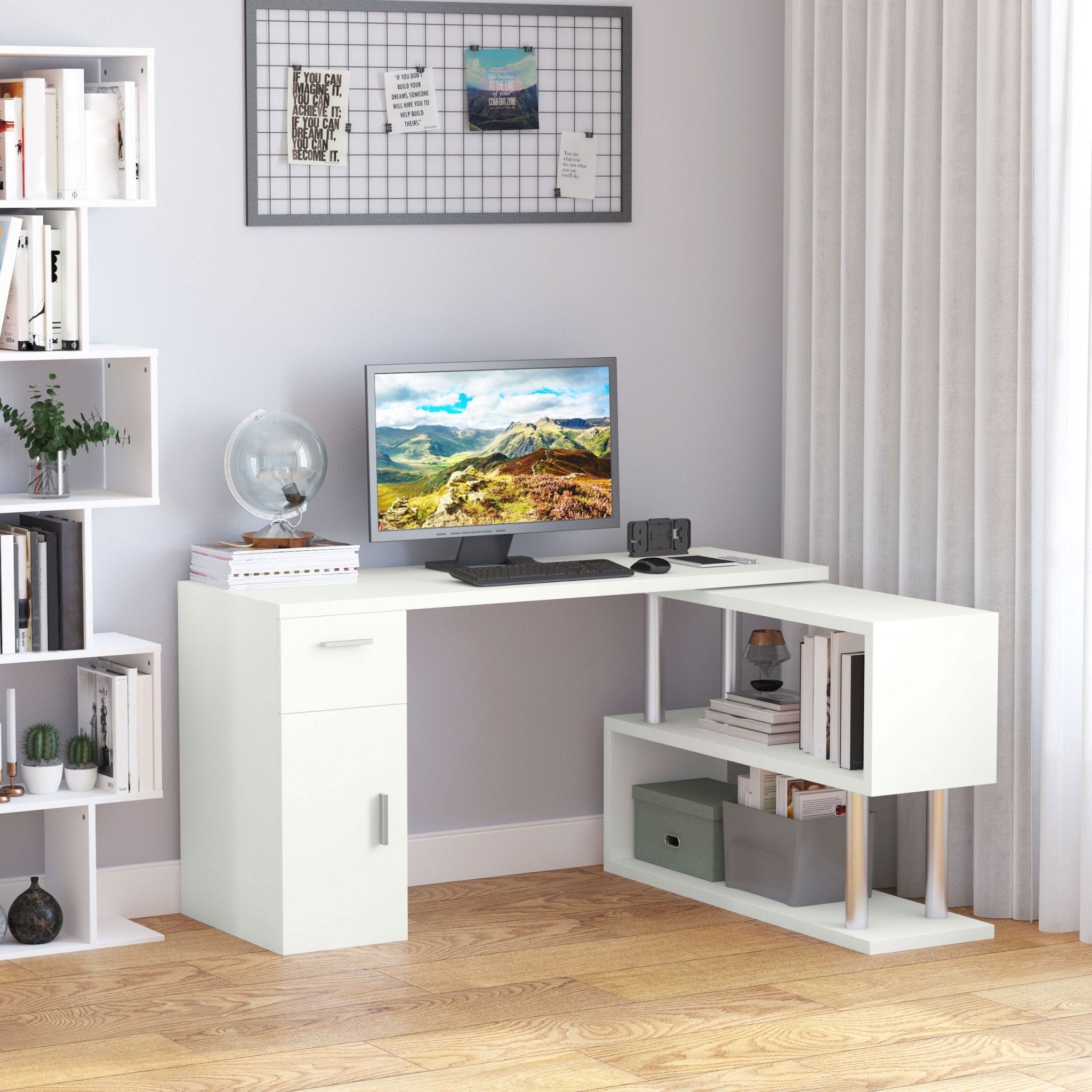 L-Shaped Rotating Computer Desk Home Office Study Workstation with Storage Shelves, Cabinet and Drawer for Home &; Office, White Writing Desks   at Gallery Canada