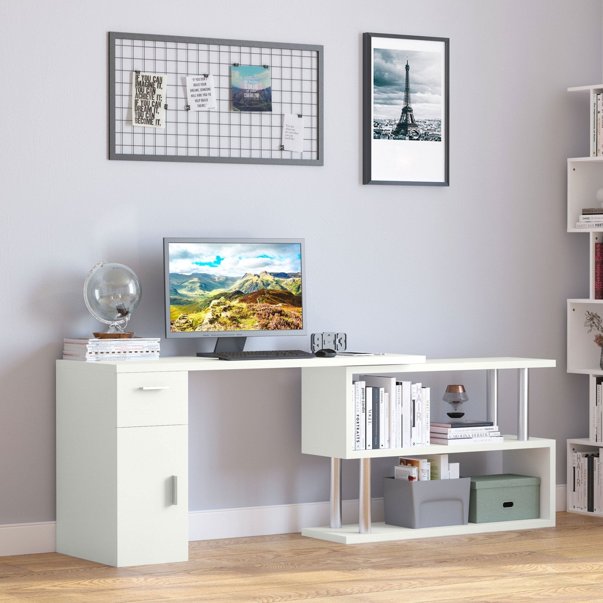 L-Shaped Rotating Computer Desk Home Office Study Workstation with Storage Shelves, Cabinet and Drawer for Home &; Office, White Writing Desks   at Gallery Canada