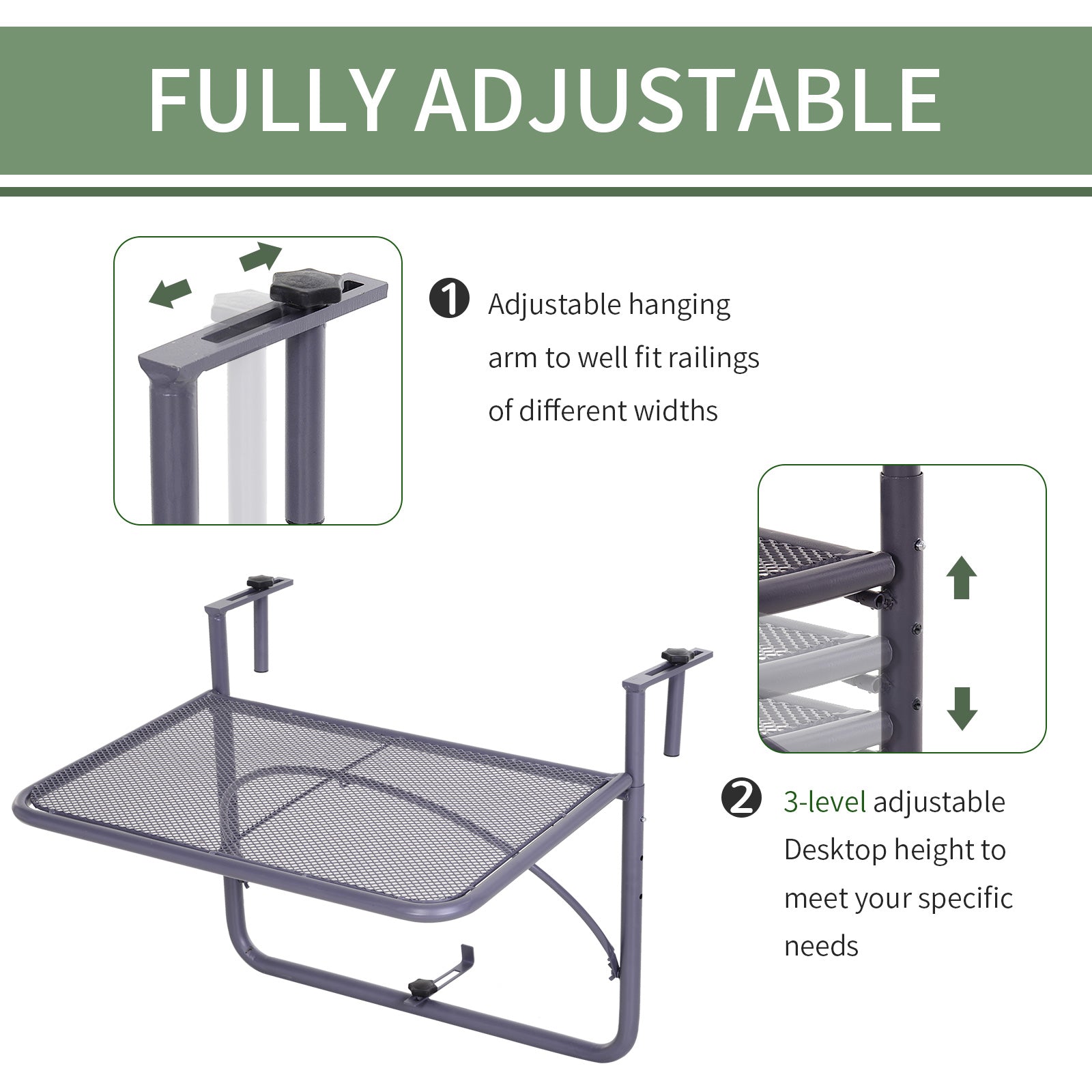 Adjustable Balcony Hanging Railing Table, Metal Mounting Mini Wall Desk Storage Rack, Outdoor Flower Stand Serving Table Rectangle, Grey Balcony Table Hanging   at Gallery Canada