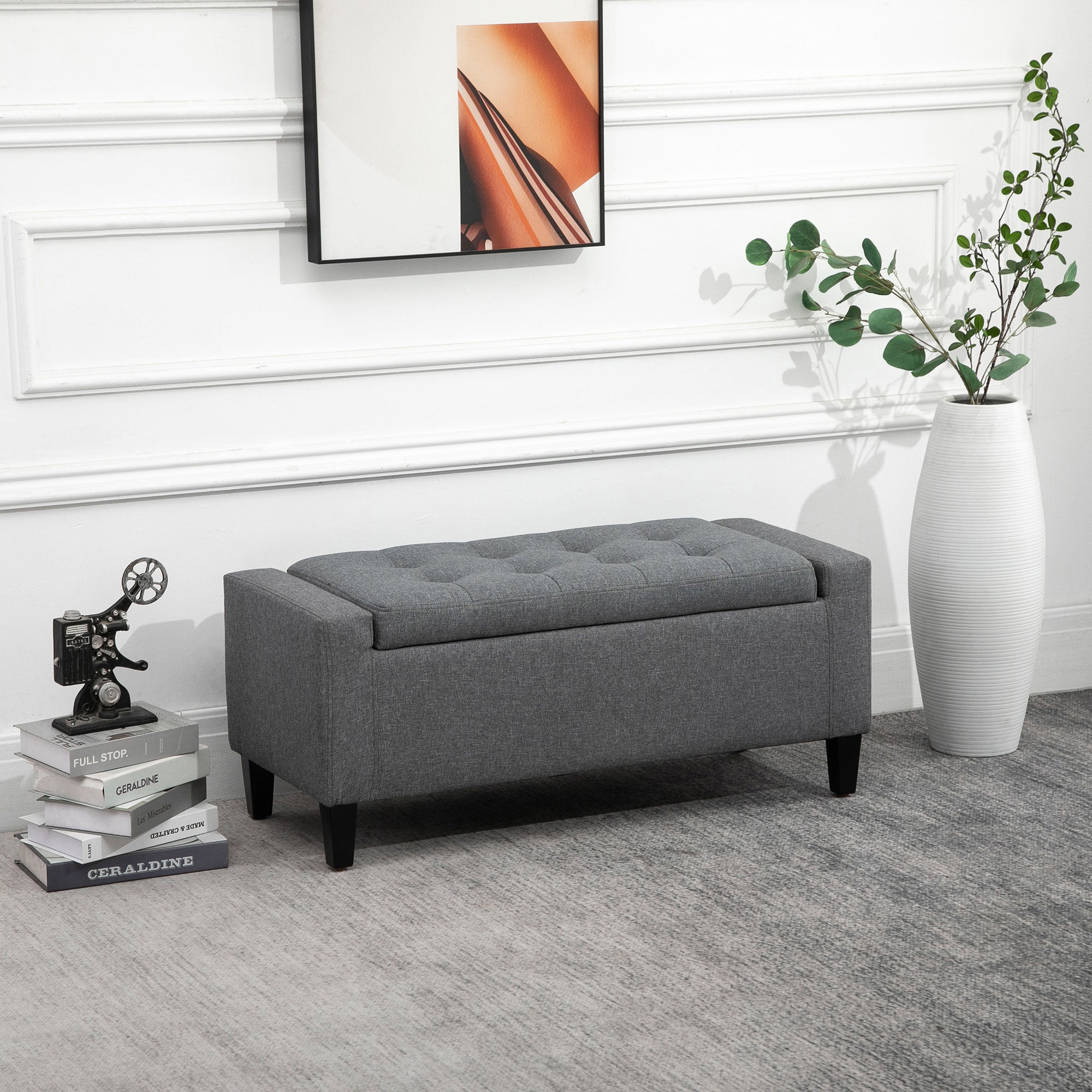 Storage Ottoman Bench Linen-Touch Fabric Tufted Chest Footstool with Flipping Top, Grey Storage Ottomans & Benches   at Gallery Canada