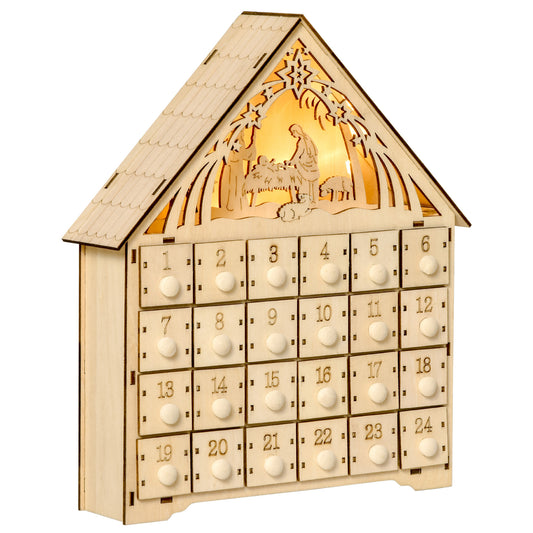 Lighted Wooden Advent Calendar House with 24 Countdown Drawers, Battery Operated, Natural Christmas Advent Calendars Natural  at Gallery Canada