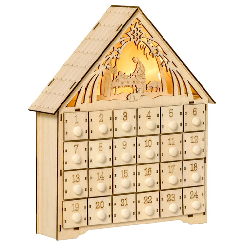 Lighted Wooden Advent Calendar House with 24 Countdown Drawers, Battery Operated, Natural