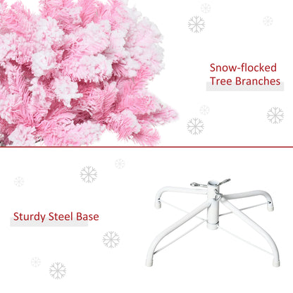 6 FT Snow Flocked Artificial Christmas Tree, Pencil Xmas Tree with Realistic Branches, Auto Open and Steel Base, Pink Artificial Christmas Trees   at Gallery Canada