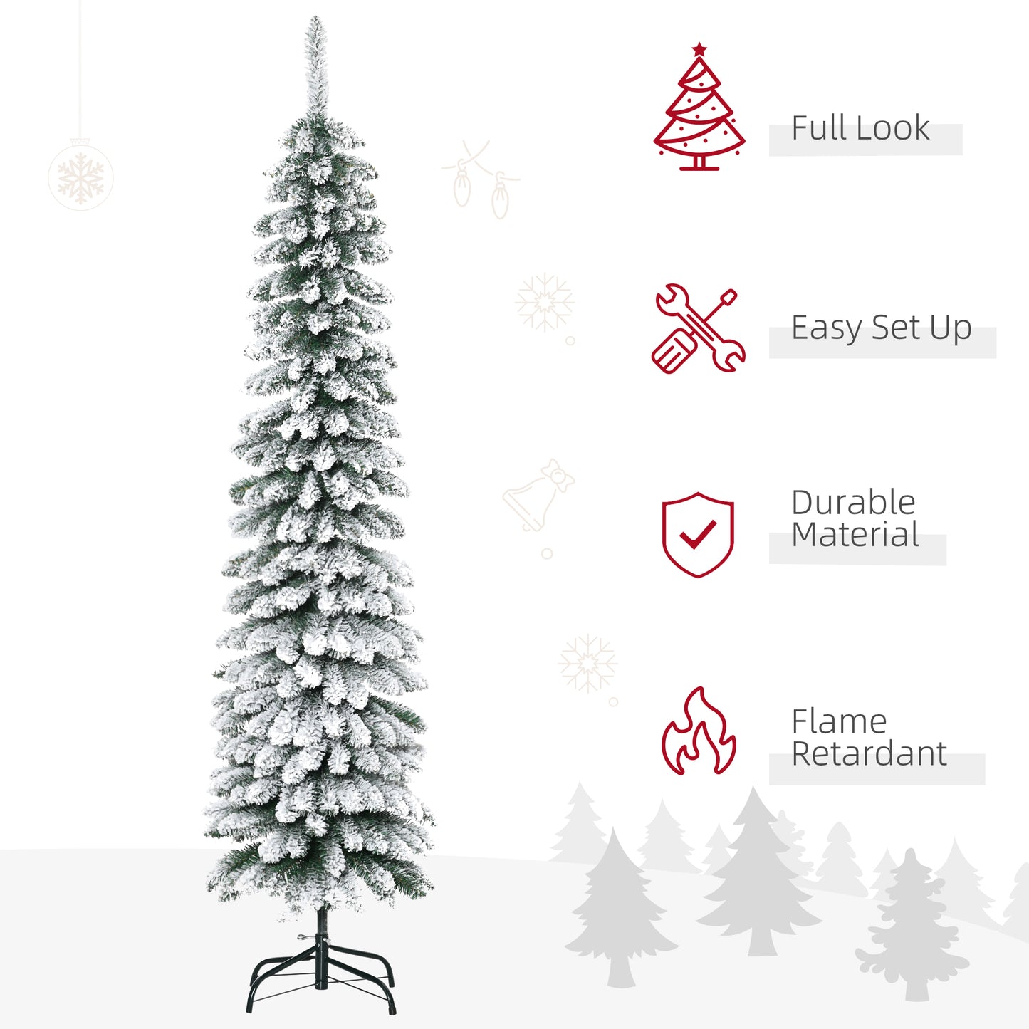 6 Ft Snow-Flocked Artificial Christmas Tree, Slim Pencil Xmas Tree with Realistic Branches, Metal Base, Green Artificial Christmas Trees   at Gallery Canada