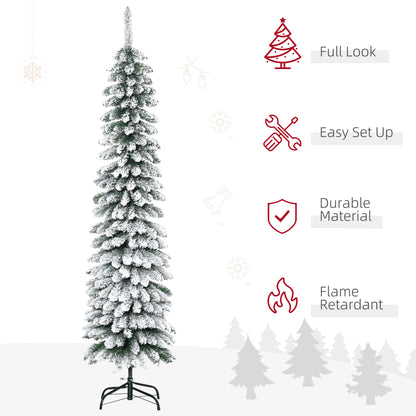 6 Ft Snow-Flocked Artificial Christmas Tree, Slim Pencil Xmas Tree with Realistic Branches, Metal Base, Green Artificial Christmas Trees   at Gallery Canada