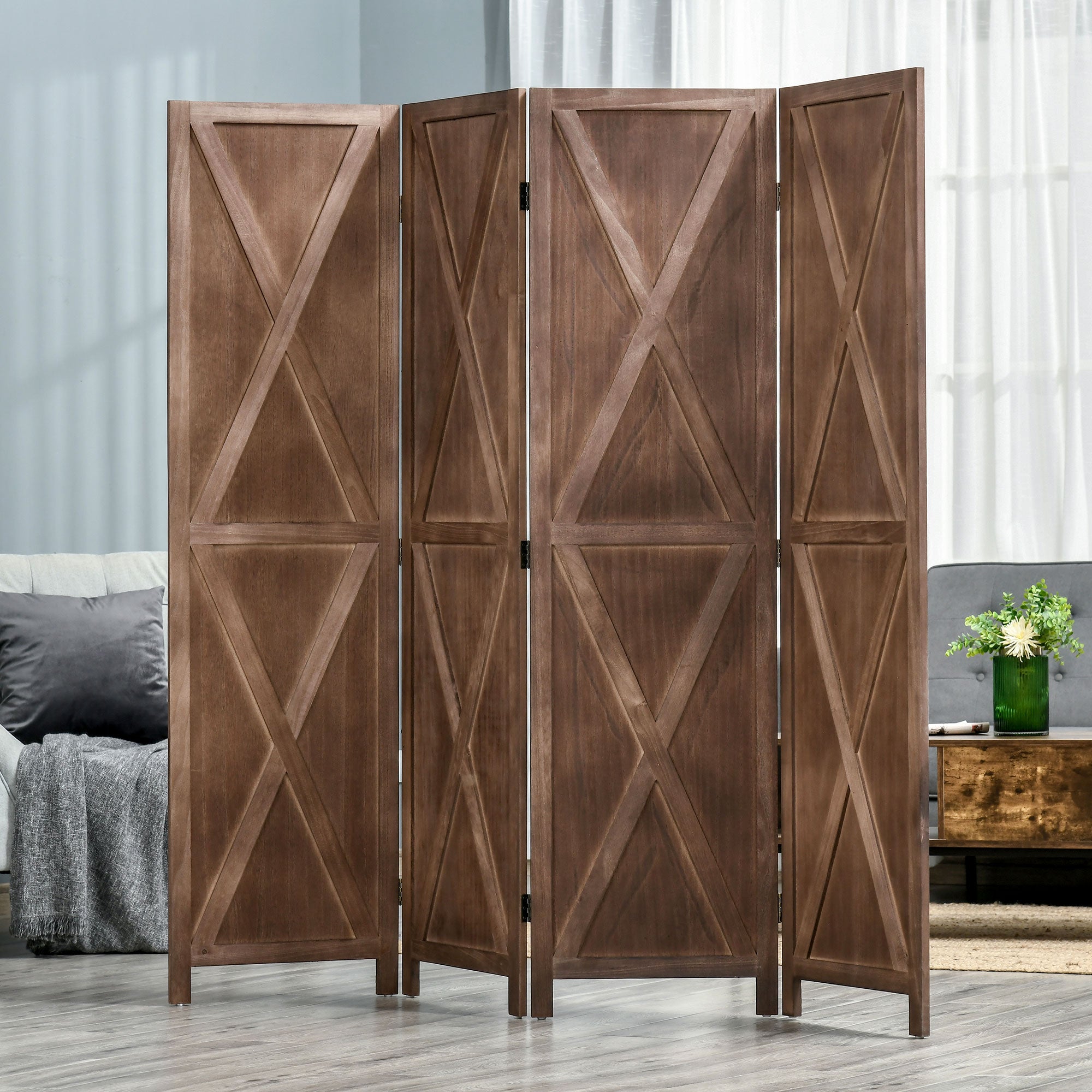 4-panel Wall Partition Farmhouse Room Separator with Foldable Design Wooden Frame 5.6FT, Walnut Room Dividers   at Gallery Canada