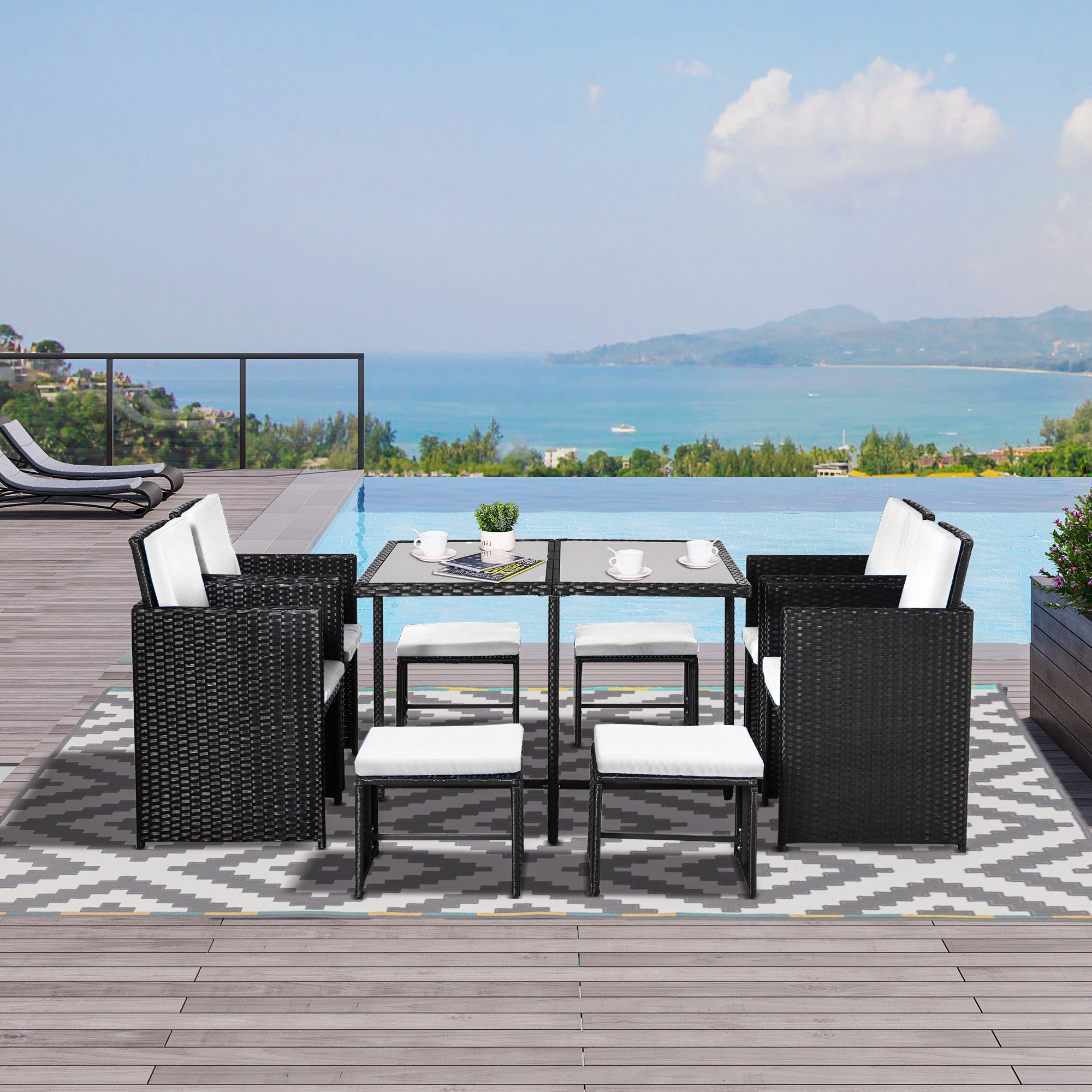 9 Pieces Patio Wicker Dining Set, PE Rattan Garden Sectional Sofa Outdoor Space-Saving Furniture Sets, White Outdoor Dining Sets   at Gallery Canada