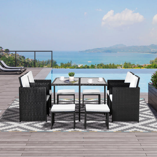 9 Pieces Patio Wicker Dining Set, PE Rattan Garden Sectional Sofa Outdoor Space-Saving Furniture Sets, White Outdoor Dining Sets White  at Gallery Canada