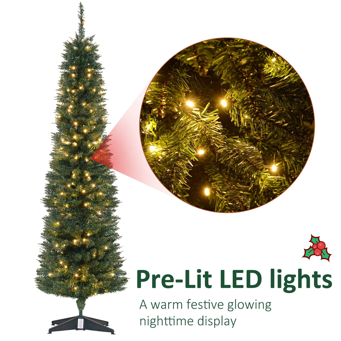 6' Pre Lit Artificial Pencil Christmas Trees, Xmas Tree with Realistic Branches and Warm White LED Lights, Green - Gallery Canada