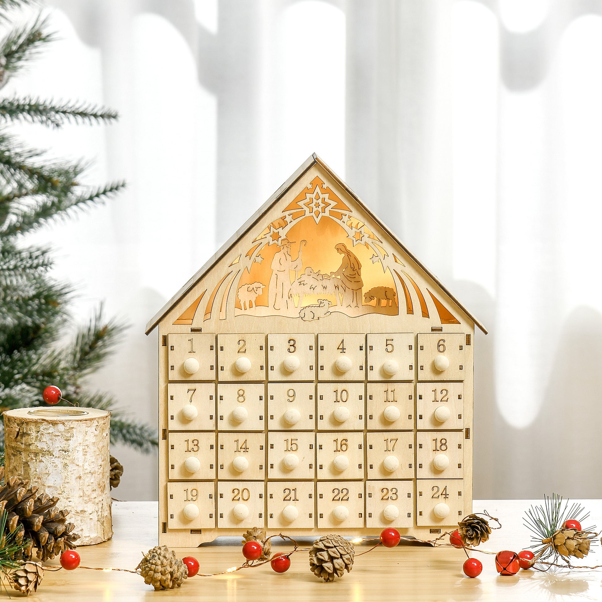 Lighted Wooden Advent Calendar House with 24 Countdown Drawers, Battery Operated, Natural Christmas Advent Calendars   at Gallery Canada