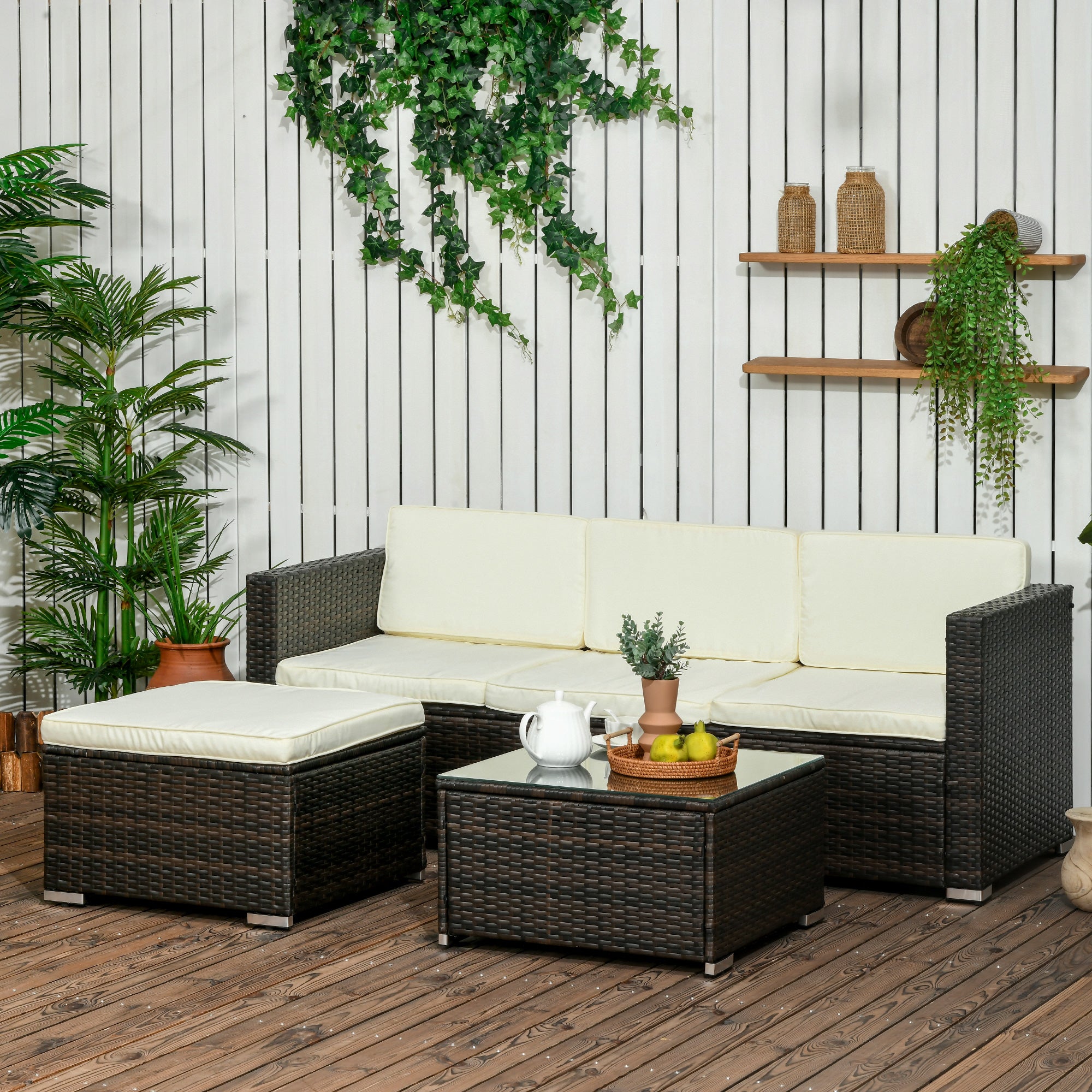 Outdoor PE Rattan Wicker 3-Piece Patio Sofa Set with Cushions and Table, Cream White Patio Furniture Sets   at Gallery Canada