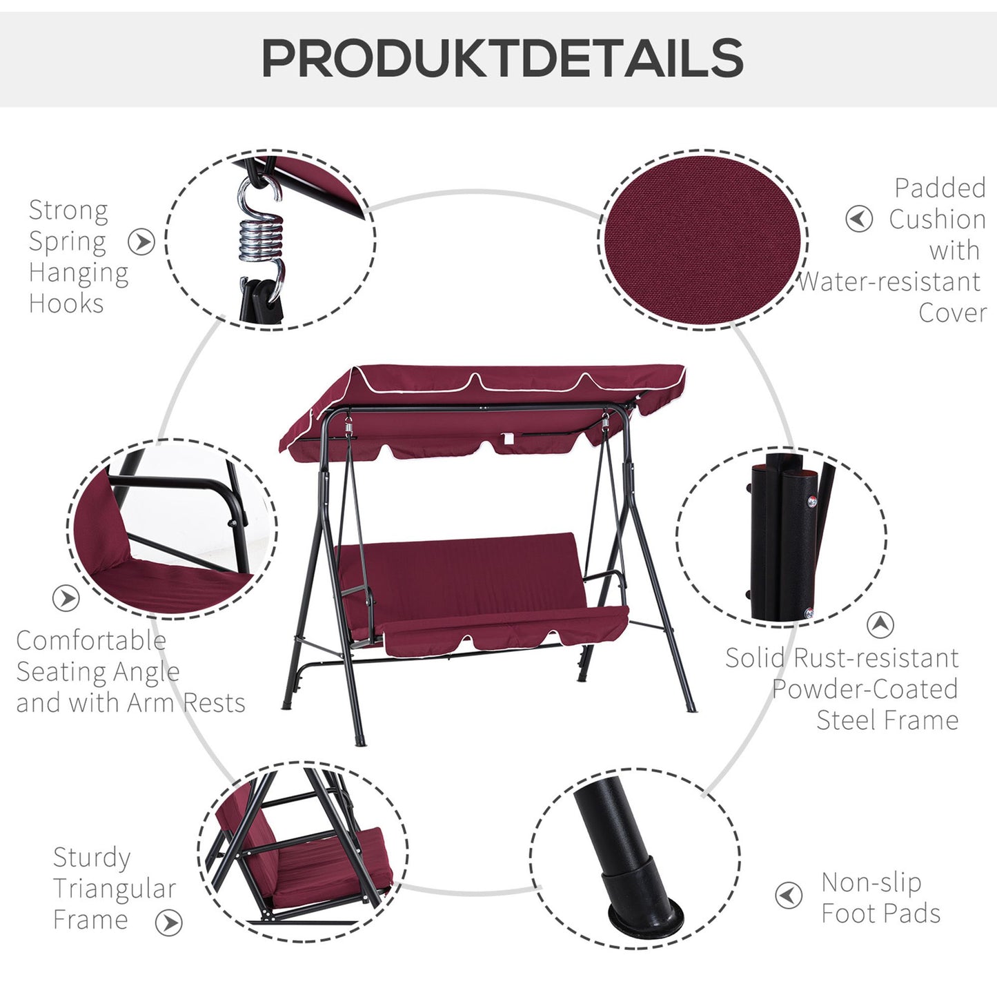 3-Seat Outdoor Patio Swing Glider with Adjustable Canopy and Removable Cushion, Wine Red Patio Swings with Stand   at Gallery Canada