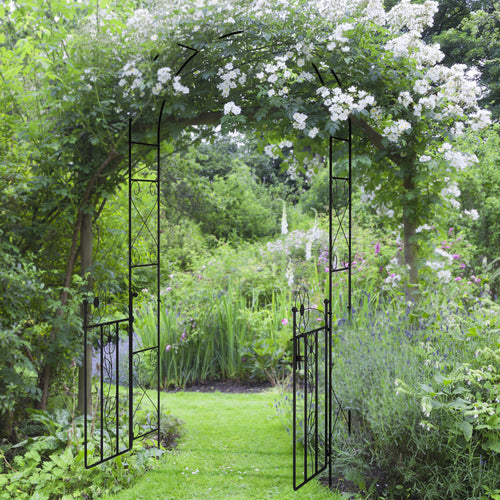 7.5FT Metal Garden Arbor with Double Gate, Arch Trellis for Climbing Vine Plants, Outdoor Wedding, Decoration, Black