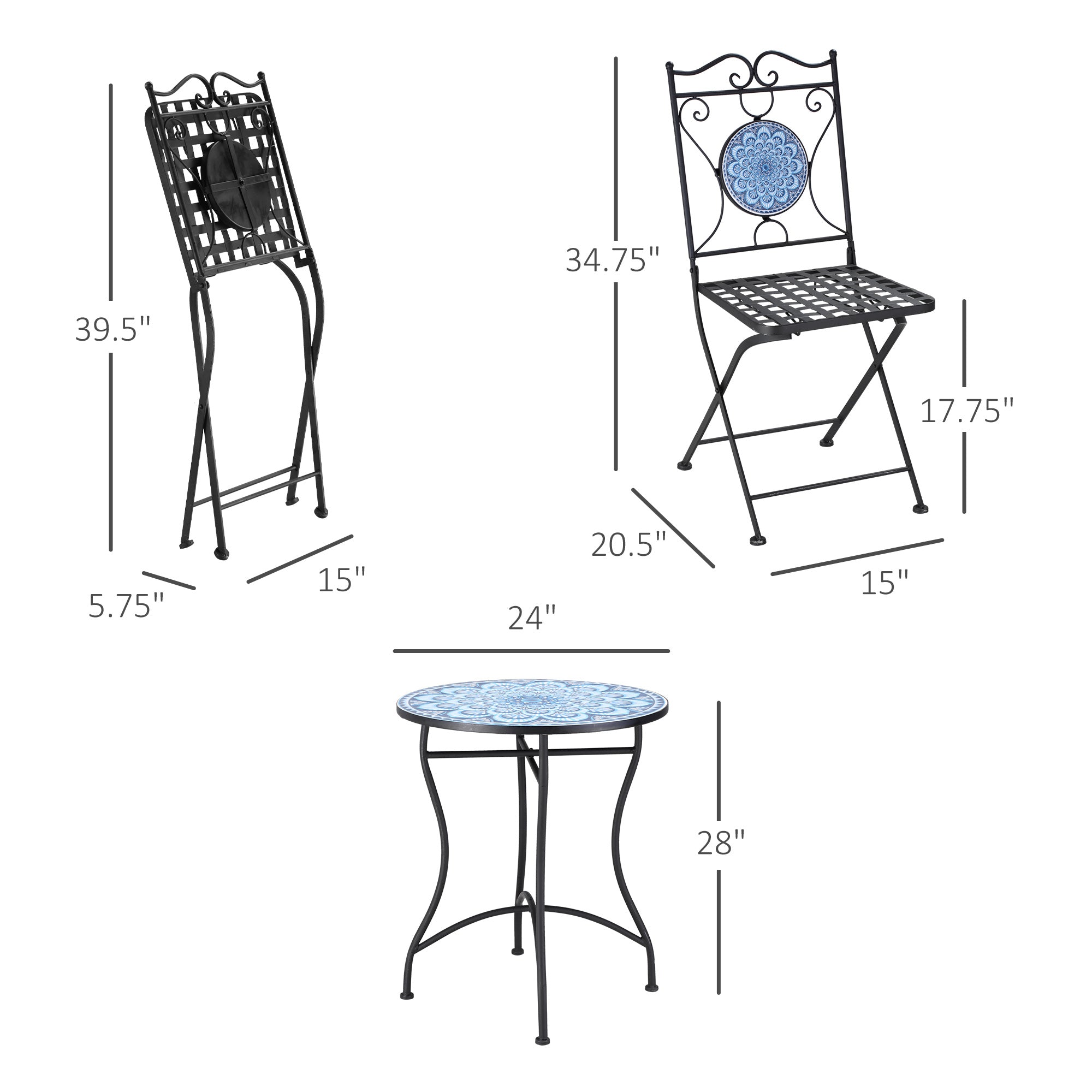 3-Piece Outdoor Bistro Set Garden Coffee Table Set with Mosaic Top for Patio, Balcony, Poolside, Black Bistro Sets Multi Colour  at Gallery Canada