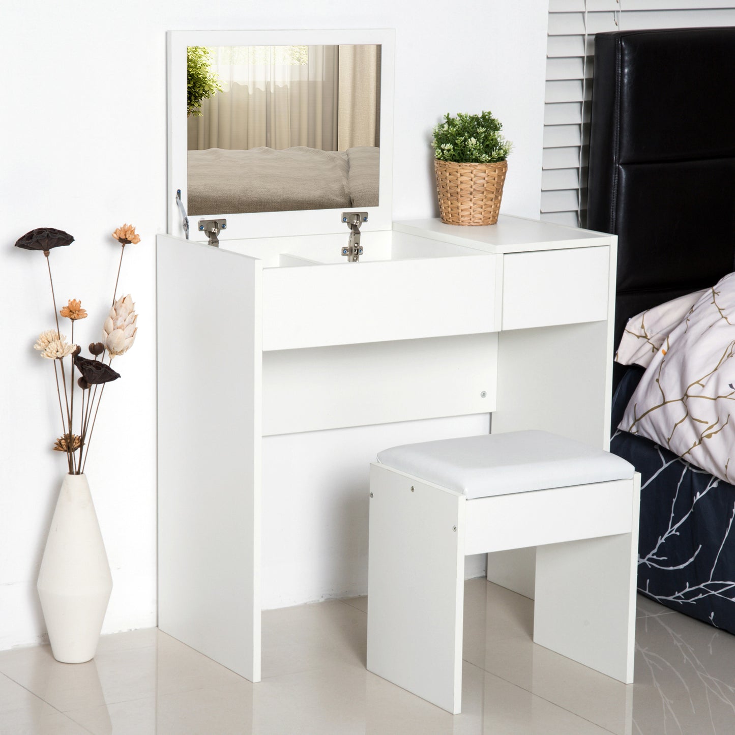 Vanity Table Set with Flip Top Mirror and Cushioned Stool, Makeup Table Dresser Desk with Drawer and Storage Grids for Bedroom, White Dressing & Vanity Tables   at Gallery Canada