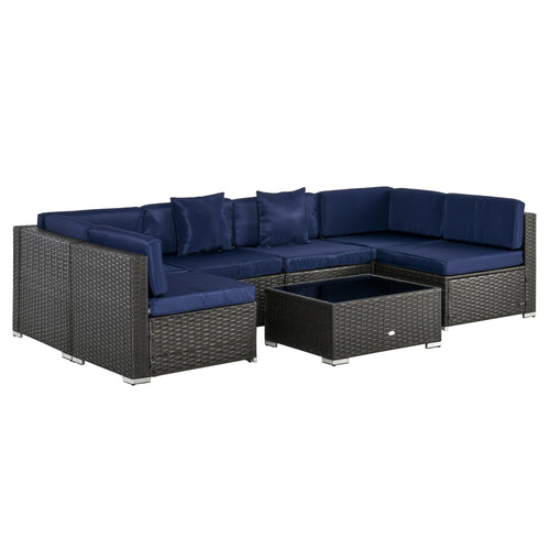 7 Pieces Patio Furniture Set, Rattan Outdoor Conversation Set Garden Wicker Sofa Set, Sectional Furniture, Navy