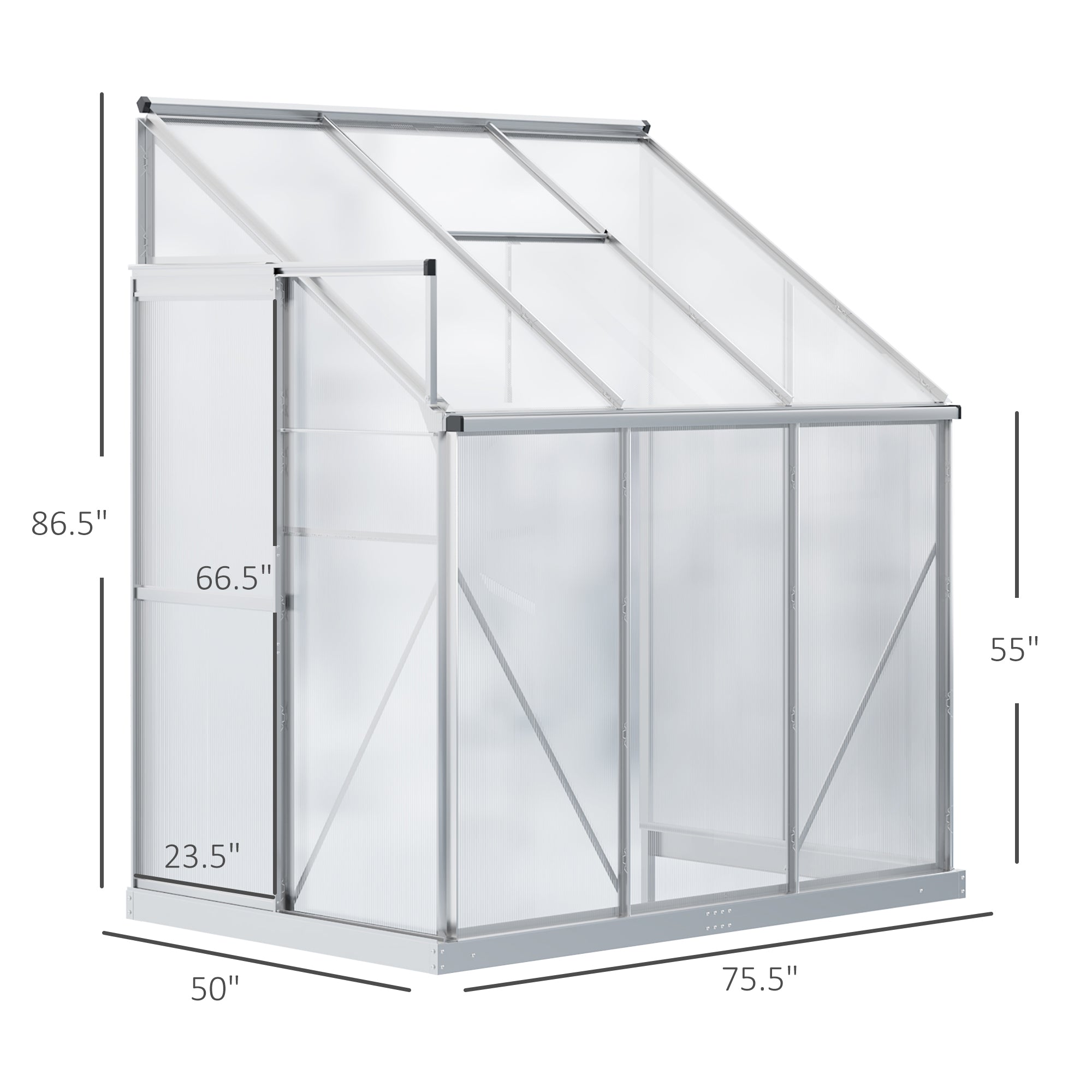 Lean-to Greenhouse Walk-in Garden Aluminum Polycarbonate with Roof Vent for Plants Herbs Vegetables 6' x 4' x 7' Silver Walk In Greenhouses   at Gallery Canada