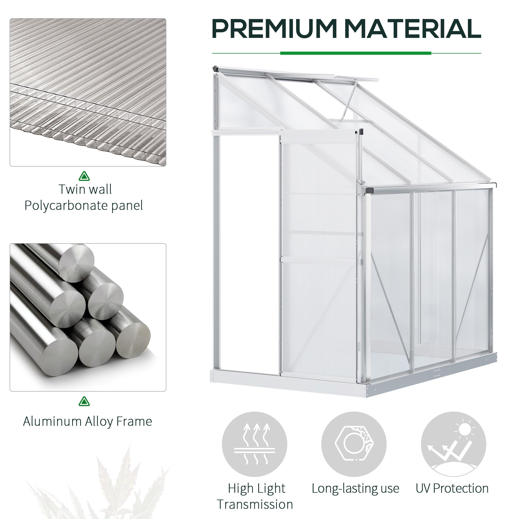 Lean-to Greenhouse Walk-in Garden Aluminum Polycarbonate with Roof Vent for Plants Herbs Vegetables 6' x 4' x 7' Silver Walk In Greenhouses   at Gallery Canada