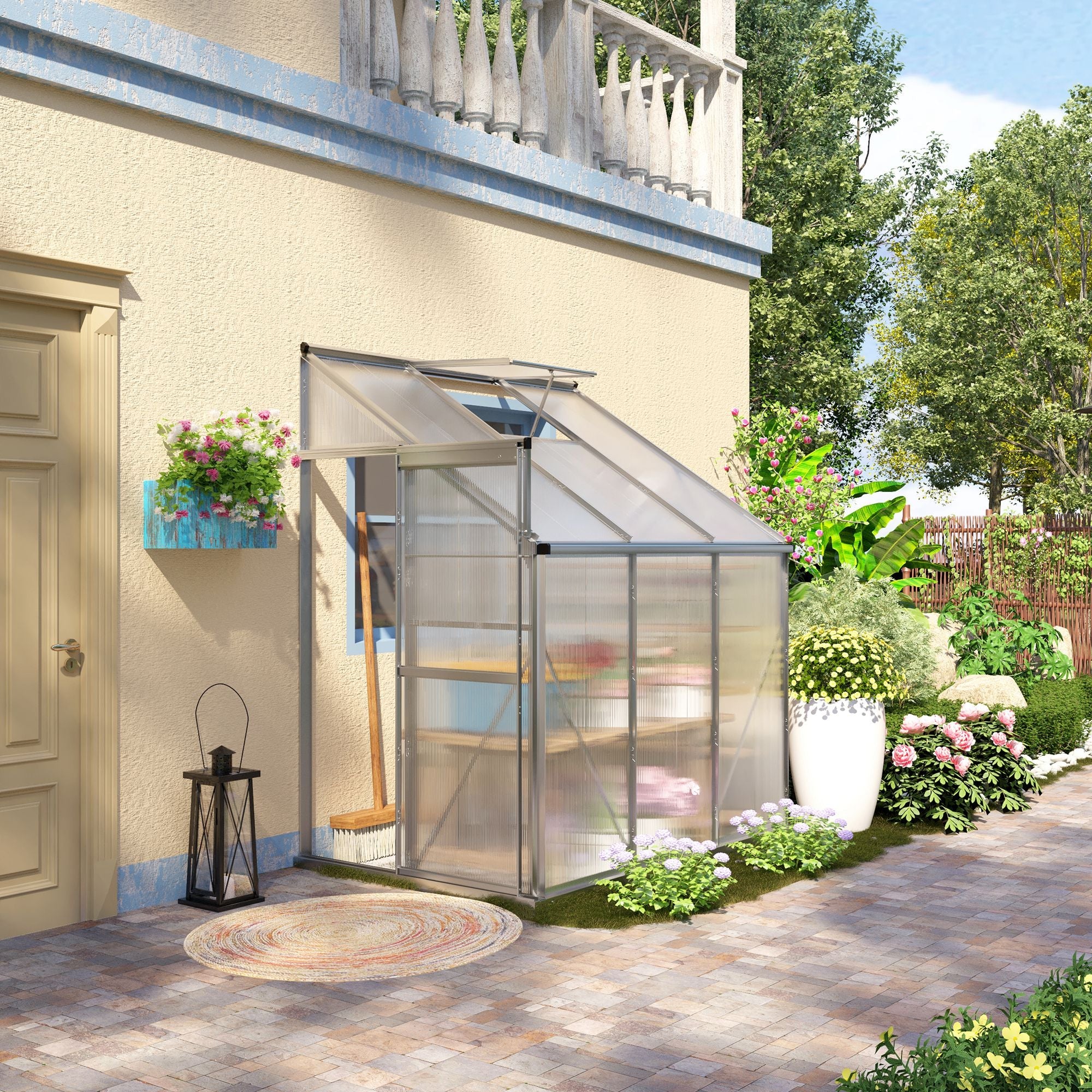 Lean-to Greenhouse Walk-in Garden Aluminum Polycarbonate with Roof Vent for Plants Herbs Vegetables 6' x 4' x 7' Silver Walk In Greenhouses   at Gallery Canada