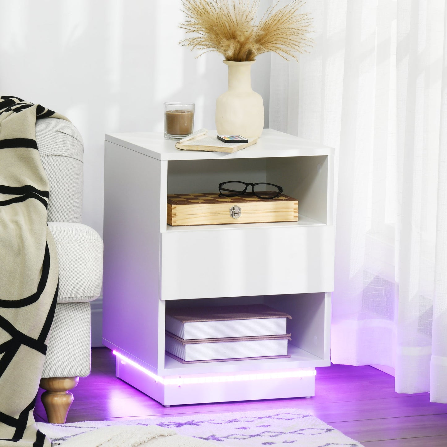 LED Nightstand, Bedside Table with LED Lights, Drawer, 2 Shelves, Remote, Side Table for Living Room, Bedroom Bedside Tables   at Gallery Canada