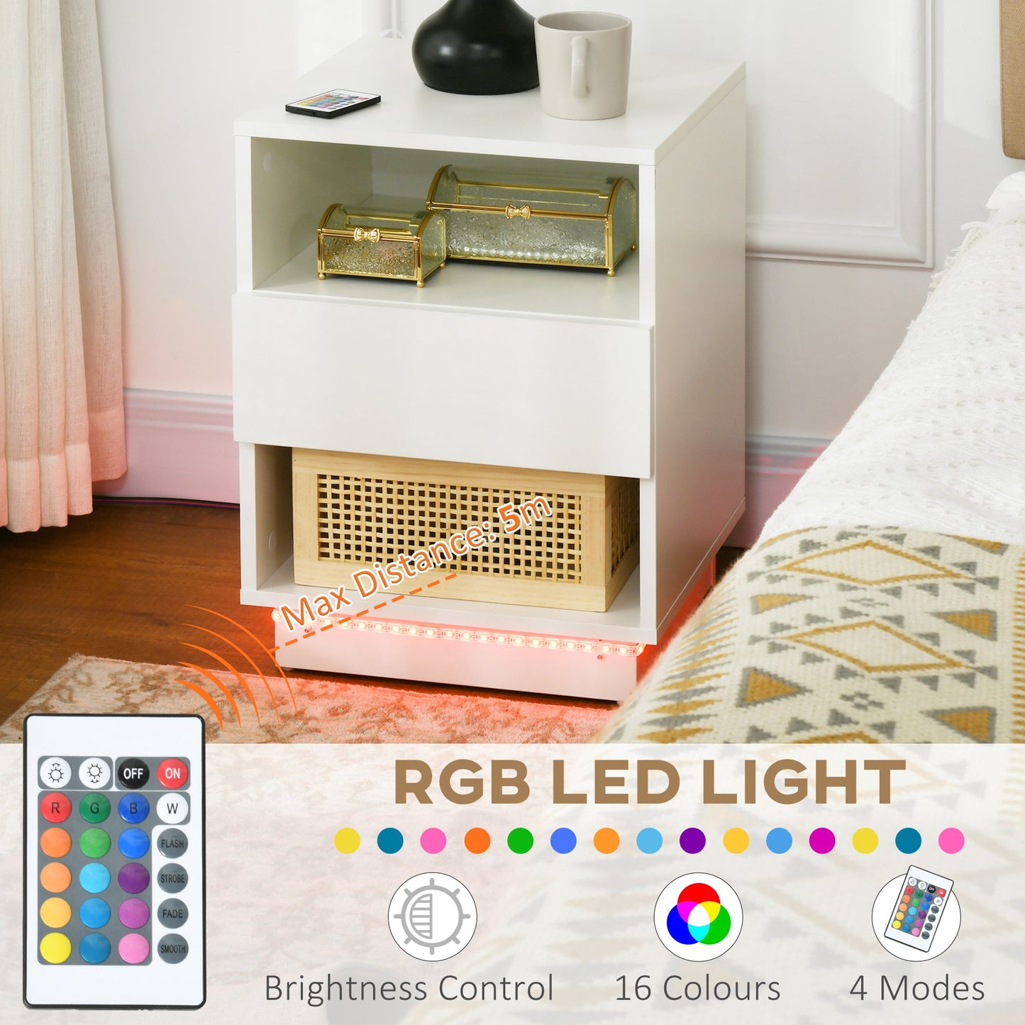 LED Nightstand, Bedside Table with LED Lights, Drawer, 2 Shelves, Remote, Side Table for Living Room, Bedroom Bedside Tables   at Gallery Canada