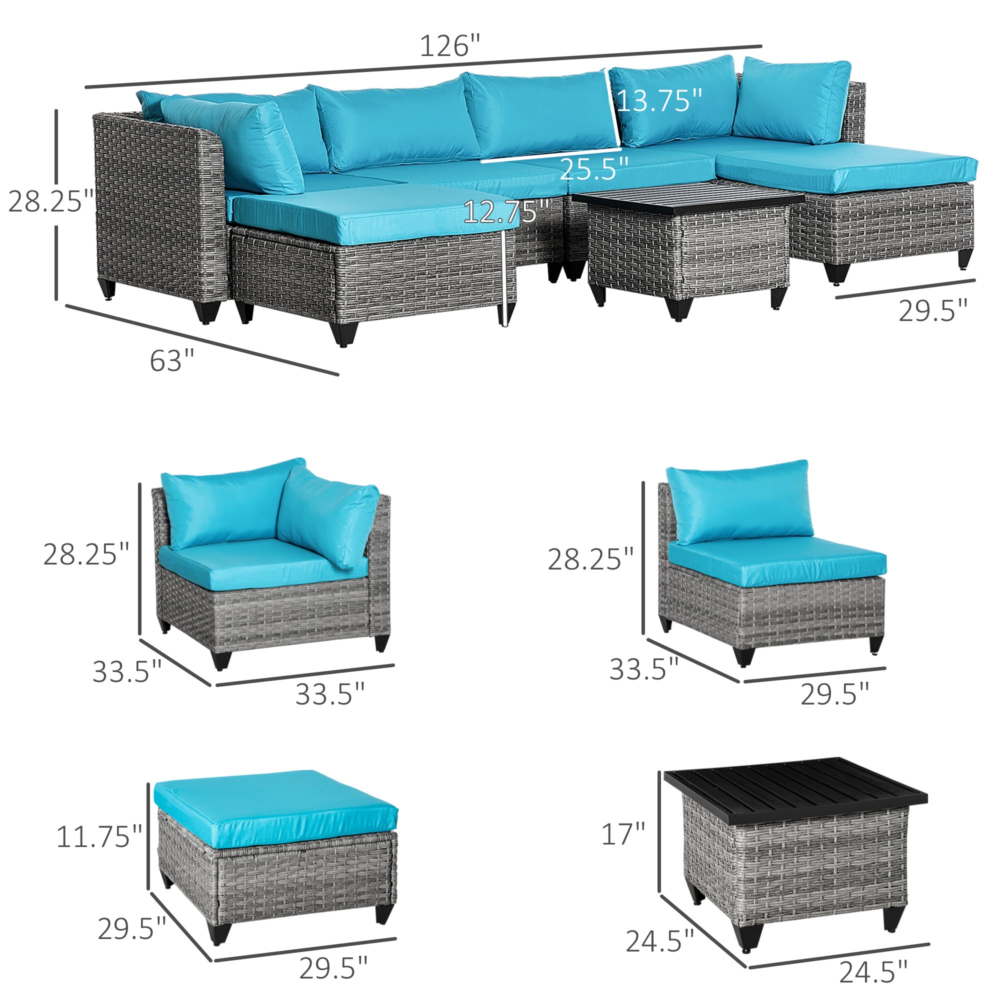 7-Piece Wicker Patio Furniture Set with Thick Cushions and Coffee Table, Light Blue Patio Furniture Sets   at Gallery Canada