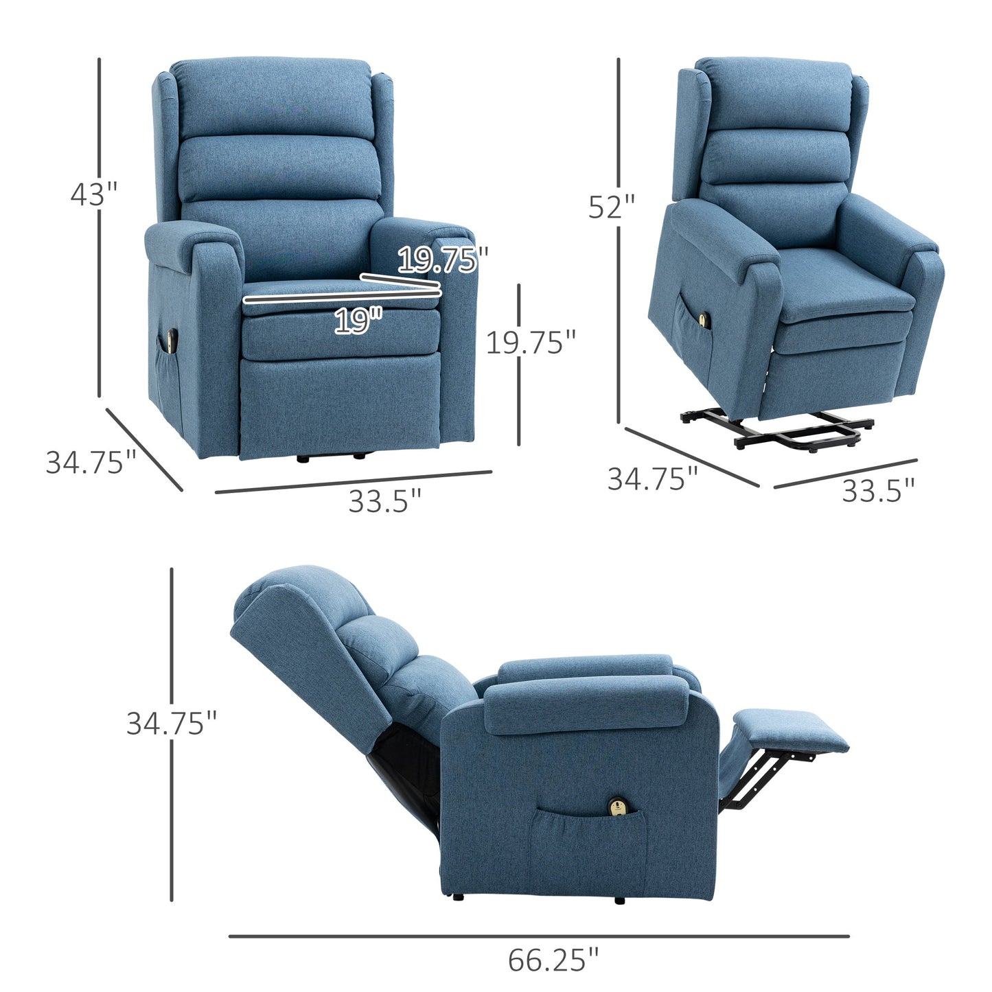 Lift Chair for Elderly, Power Chair Recliner with Footrest, Remote Control, Side Pockets for Living Room, Blue Electric Power Lift Chairs   at Gallery Canada