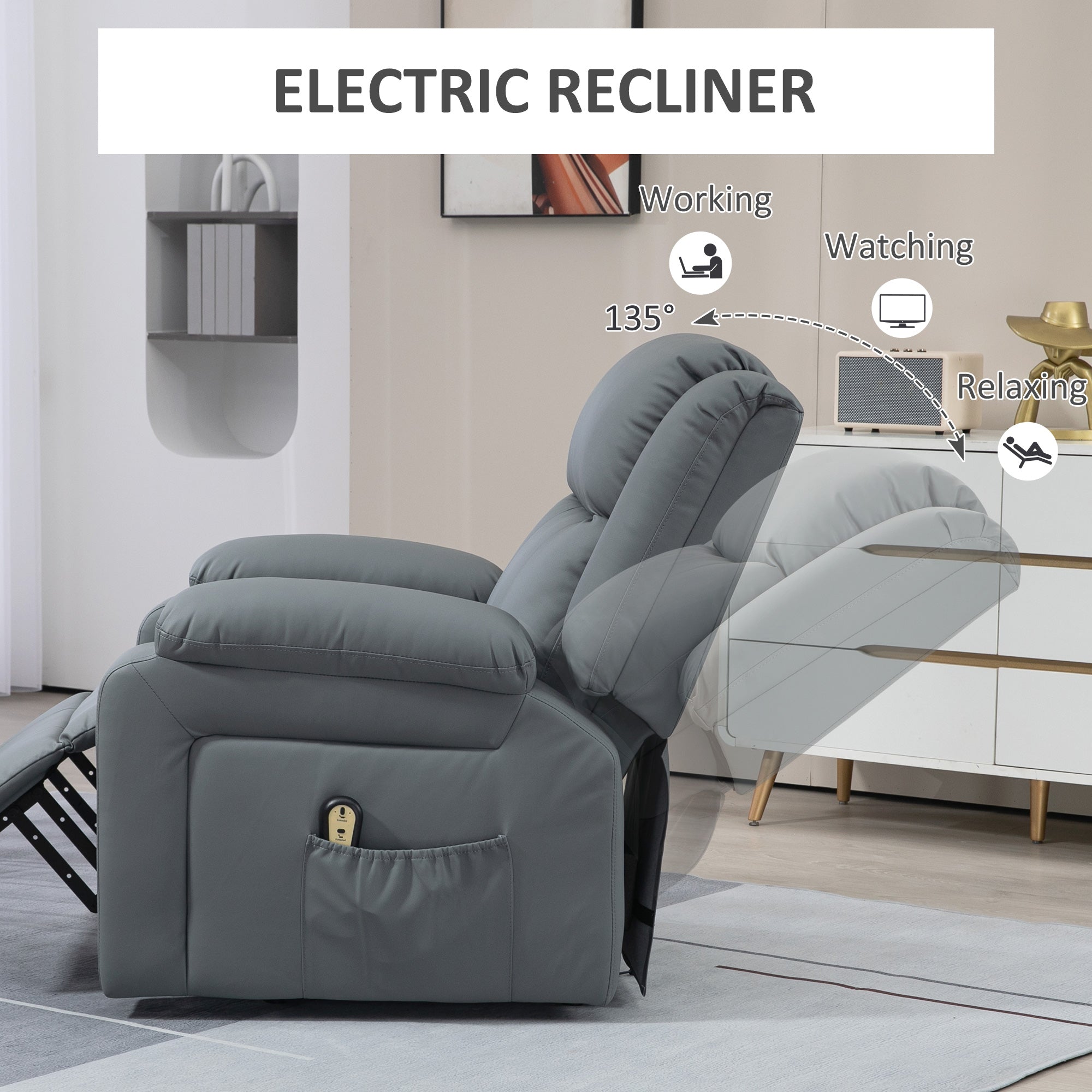 Lift Chair for Seniors, PU Leather Upholstered Electric Recliner Chair with Remote, Side Pockets, Quick Assembly, Grey Electric Power Lift Chairs   at Gallery Canada