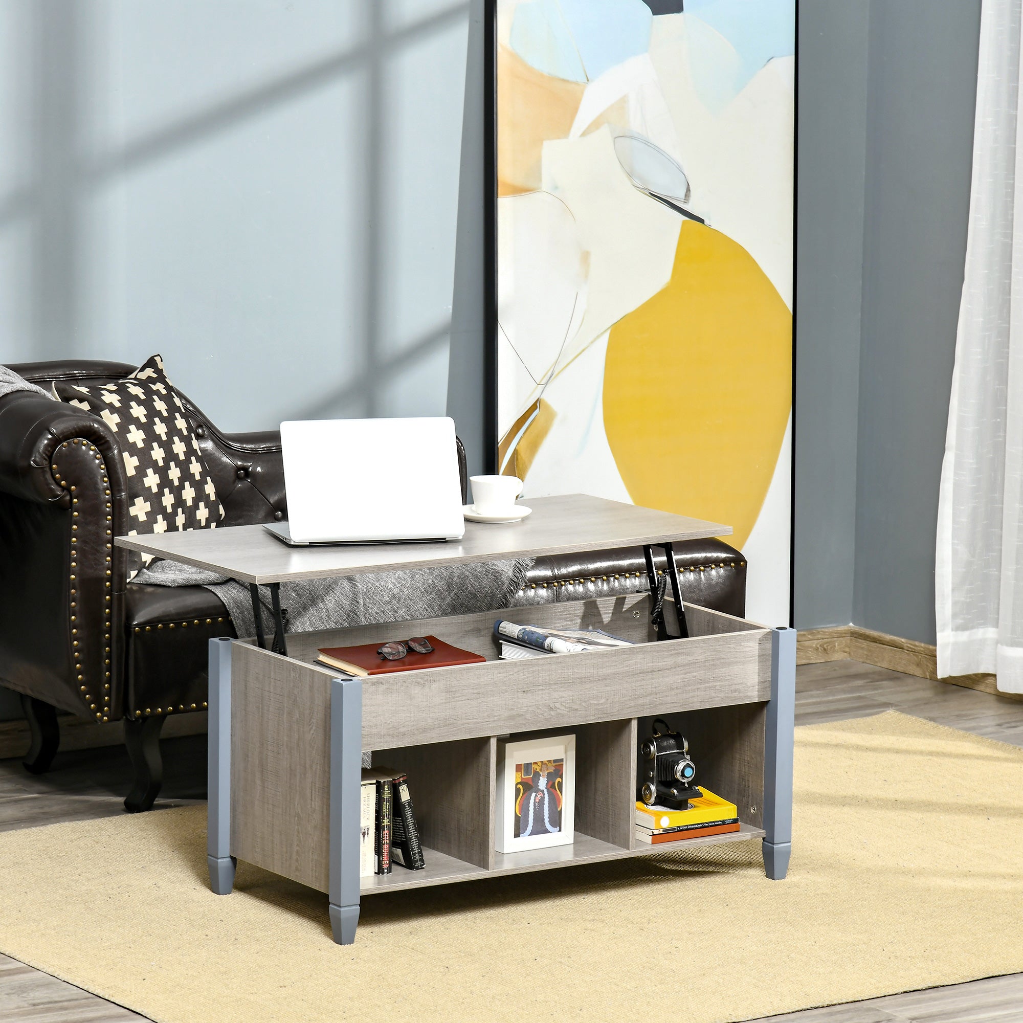 Lift Top Coffee Table with Hidden Storage Compartment and 3 Lower Shelves, Pop-Up Center Table for Living Room, Grey Coffee Tables   at Gallery Canada