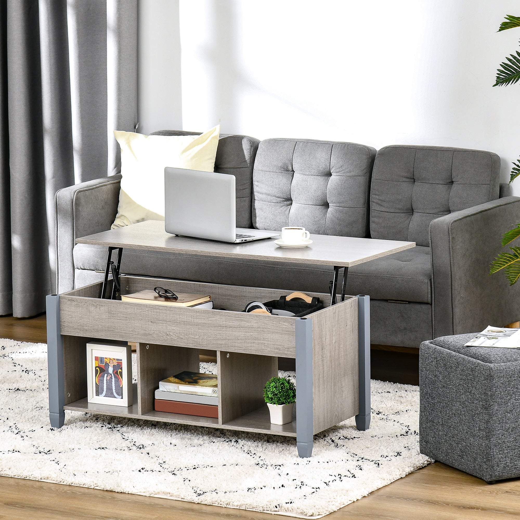 Lift Top Coffee Table with Hidden Storage Compartment and 3 Lower Shelves, Pop-Up Center Table for Living Room, Grey Coffee Tables   at Gallery Canada