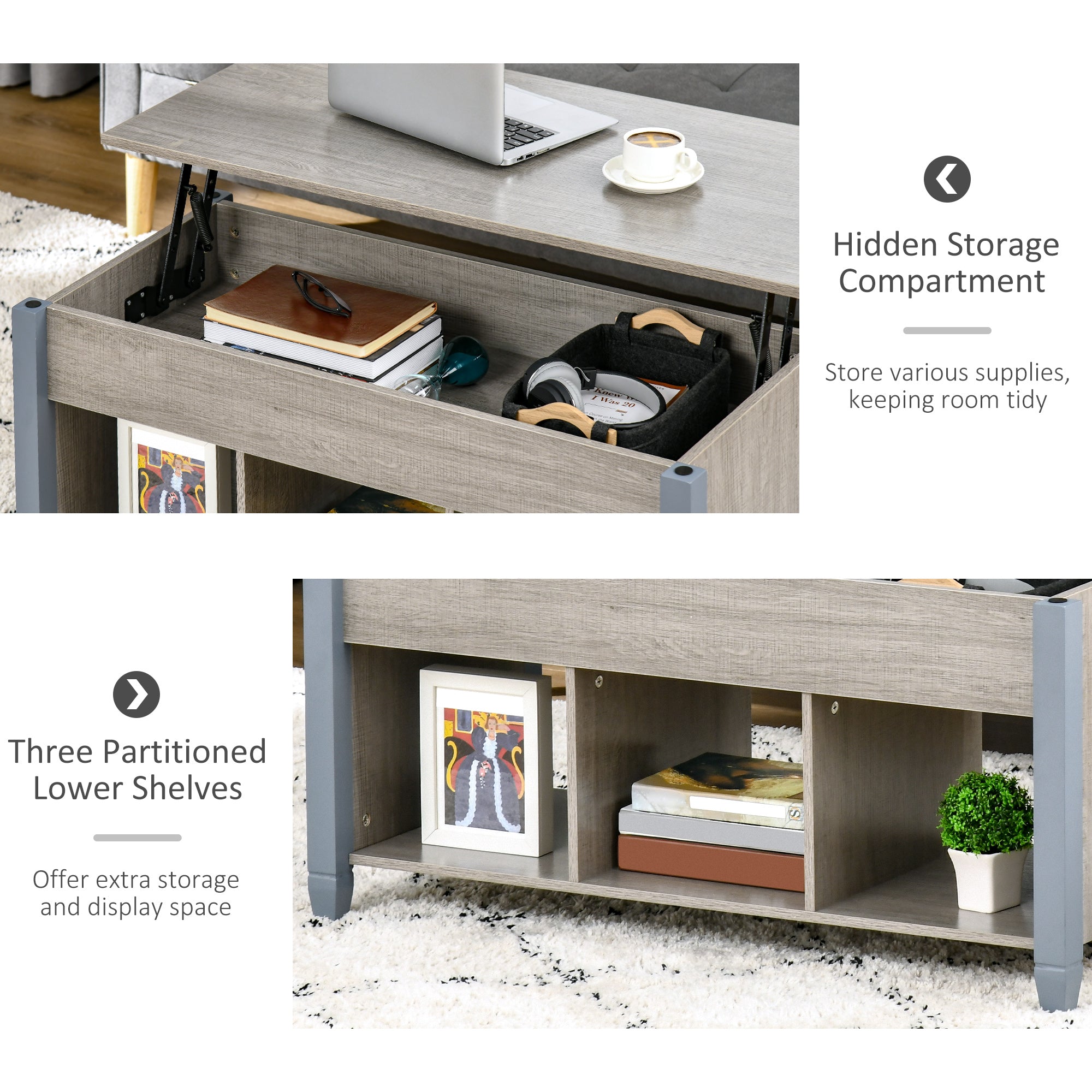 Lift Top Coffee Table with Hidden Storage Compartment and 3 Lower Shelves, Pop-Up Center Table for Living Room, Grey Coffee Tables   at Gallery Canada