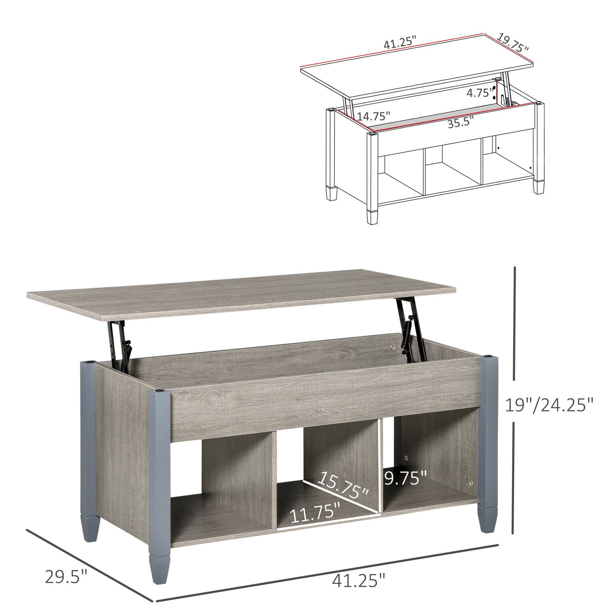 Lift Top Coffee Table with Hidden Storage Compartment and 3 Lower Shelves, Pop-Up Center Table for Living Room, Grey Coffee Tables   at Gallery Canada