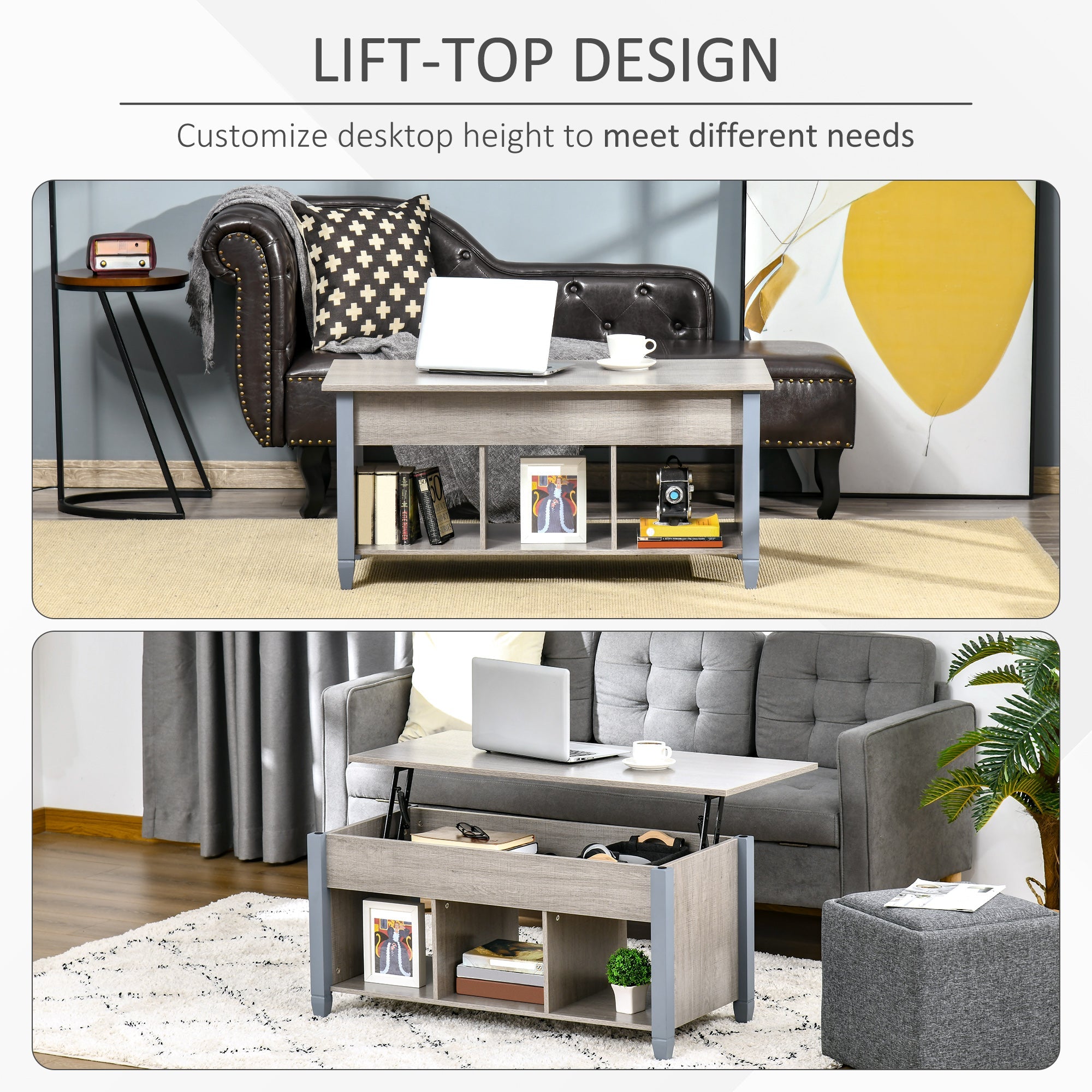 Lift Top Coffee Table with Hidden Storage Compartment and 3 Lower Shelves, Pop-Up Center Table for Living Room, Grey Coffee Tables   at Gallery Canada