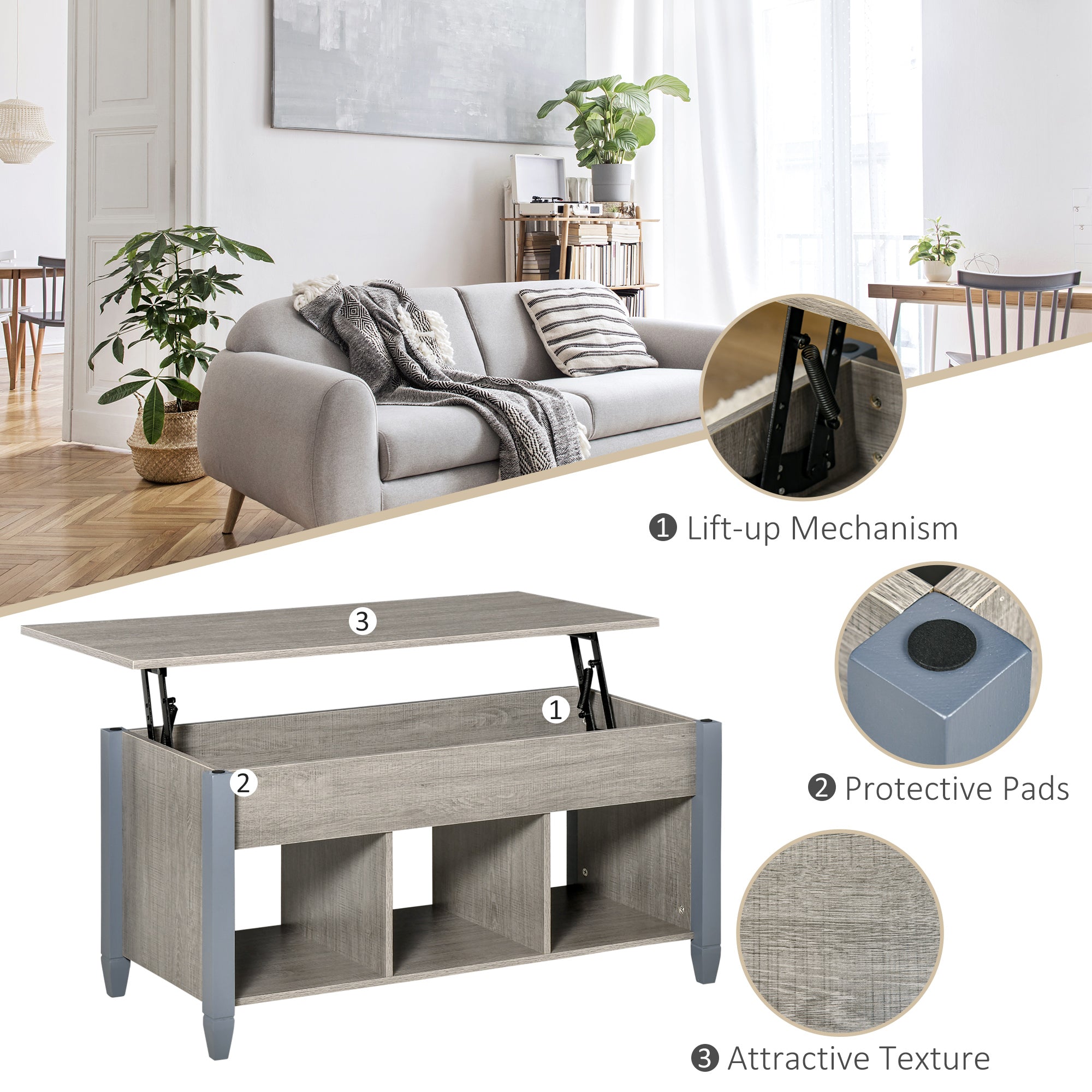 Lift Top Coffee Table with Hidden Storage Compartment and 3 Lower Shelves, Pop-Up Center Table for Living Room, Grey Coffee Tables   at Gallery Canada