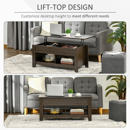 Lift Top Coffee Table with Hidden Storage Compartment and Open Shelves, Lift Tabletop Pop-Up Center Table for Living Room, Dark Walnut Coffee Tables   at Gallery Canada