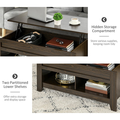 Lift Top Coffee Table with Hidden Storage Compartment and Open Shelves, Lift Tabletop Pop-Up Center Table for Living Room, Dark Walnut Coffee Tables   at Gallery Canada