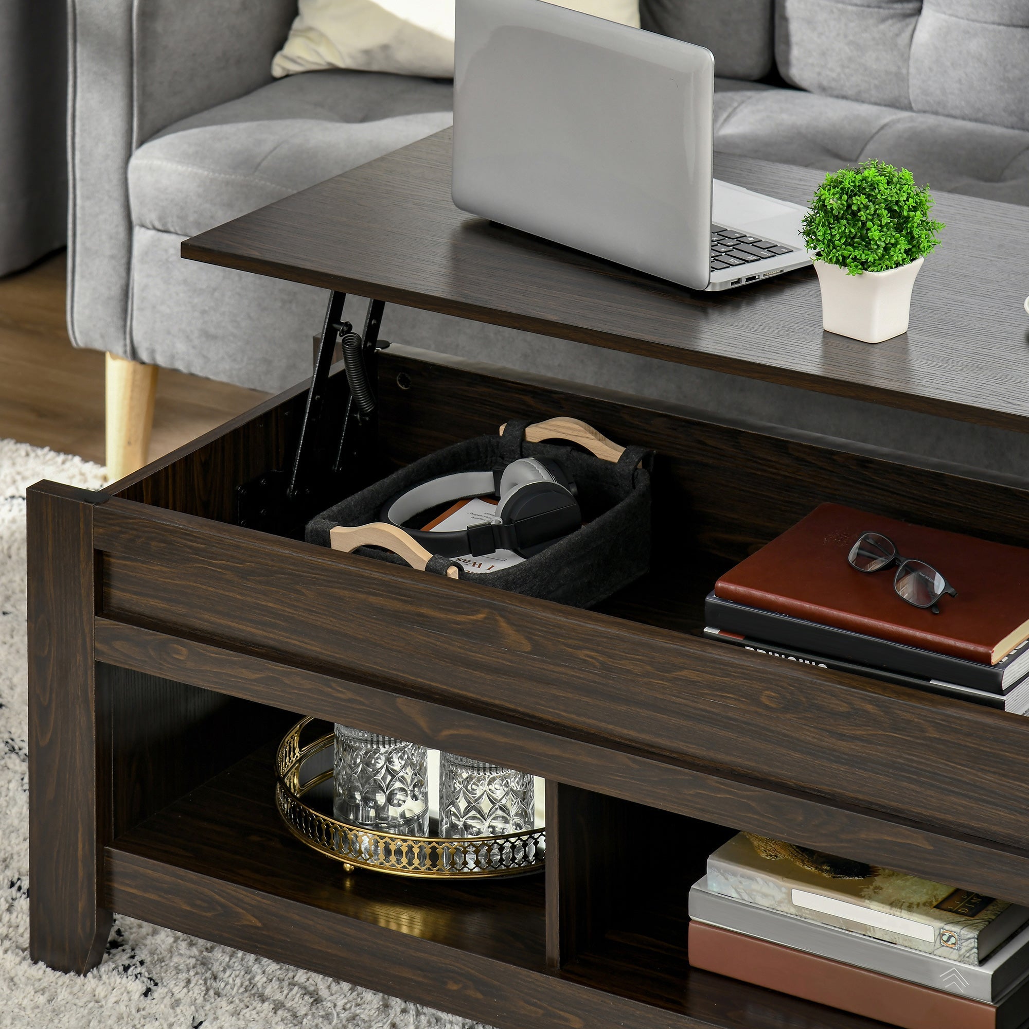 Lift Top Coffee Table with Hidden Storage Compartment and Open Shelves, Lift Tabletop Pop-Up Center Table for Living Room, Dark Walnut Coffee Tables   at Gallery Canada